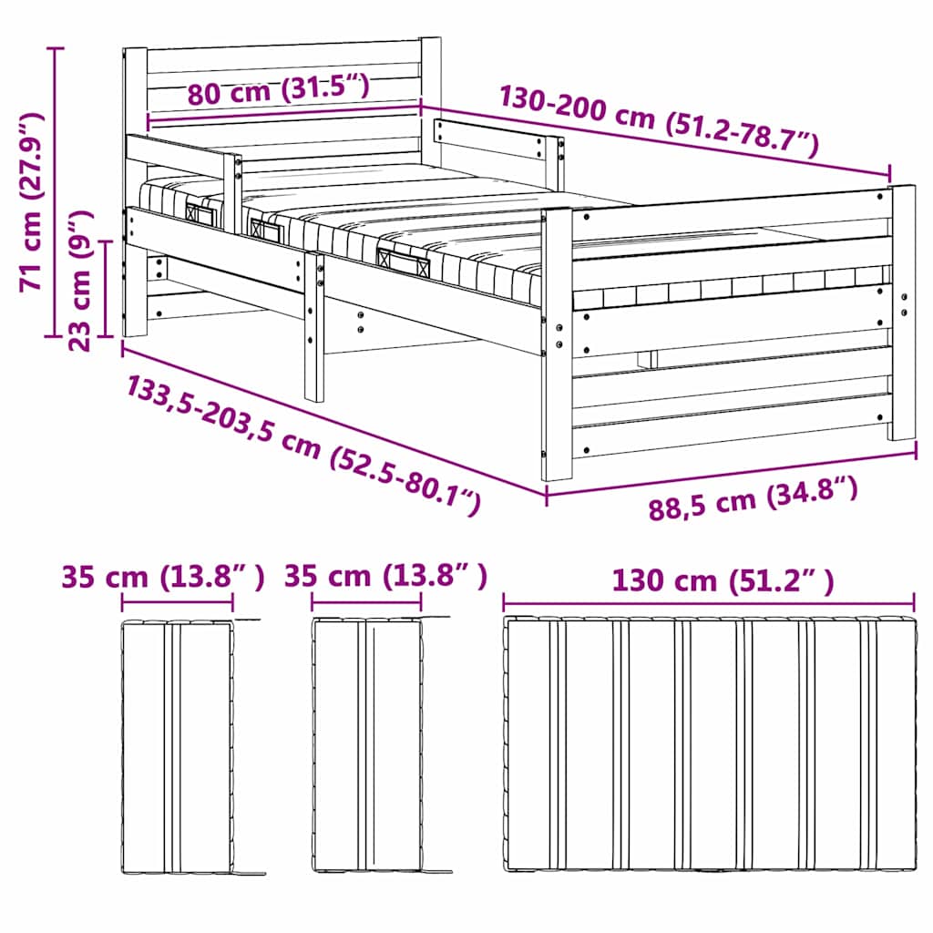 Krevet s produžetnim madracem s uzglavljem Bijelo 80 x 200 cm