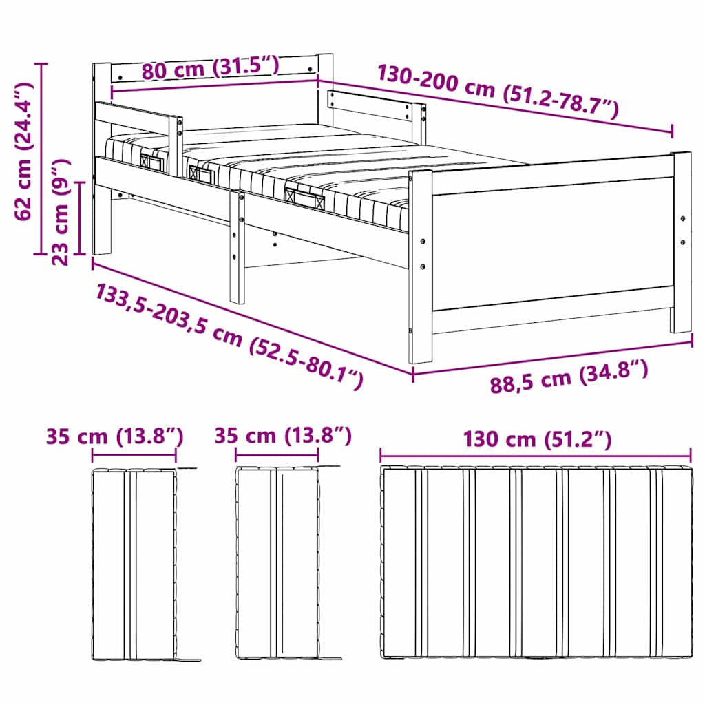 Krevet s produžetnim madracem s uzglavljem Bijelo 80 x 200 cm