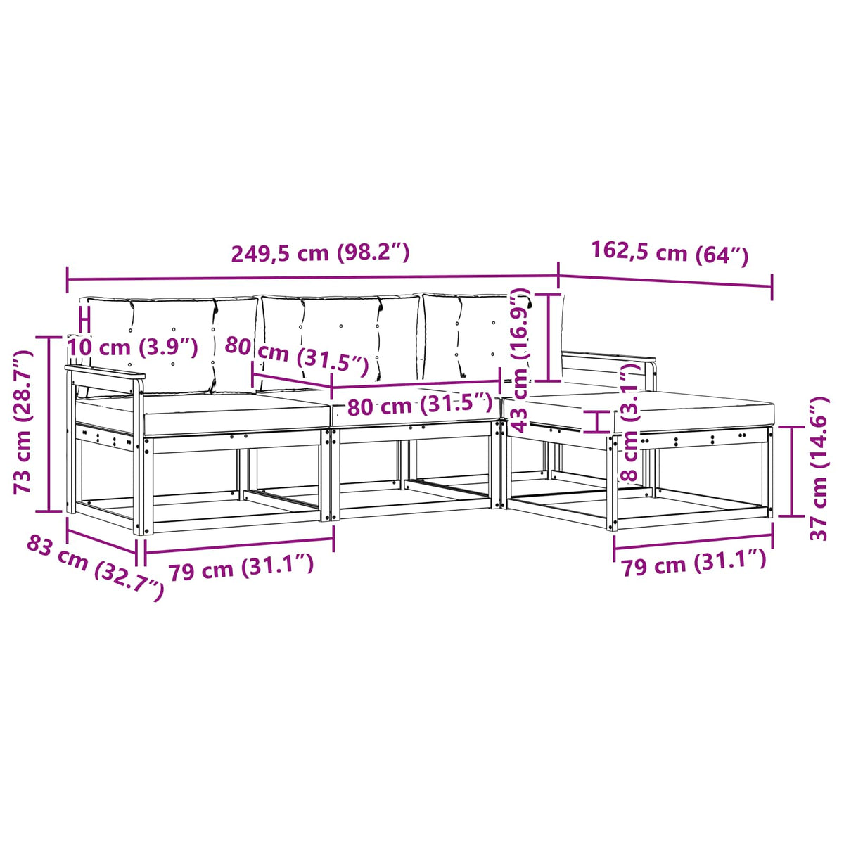 Set vanjskih sofa 4 kom. Bijela i svjetlosiva Poliester Smeđa 249,5 x 162,5 x 73 cm