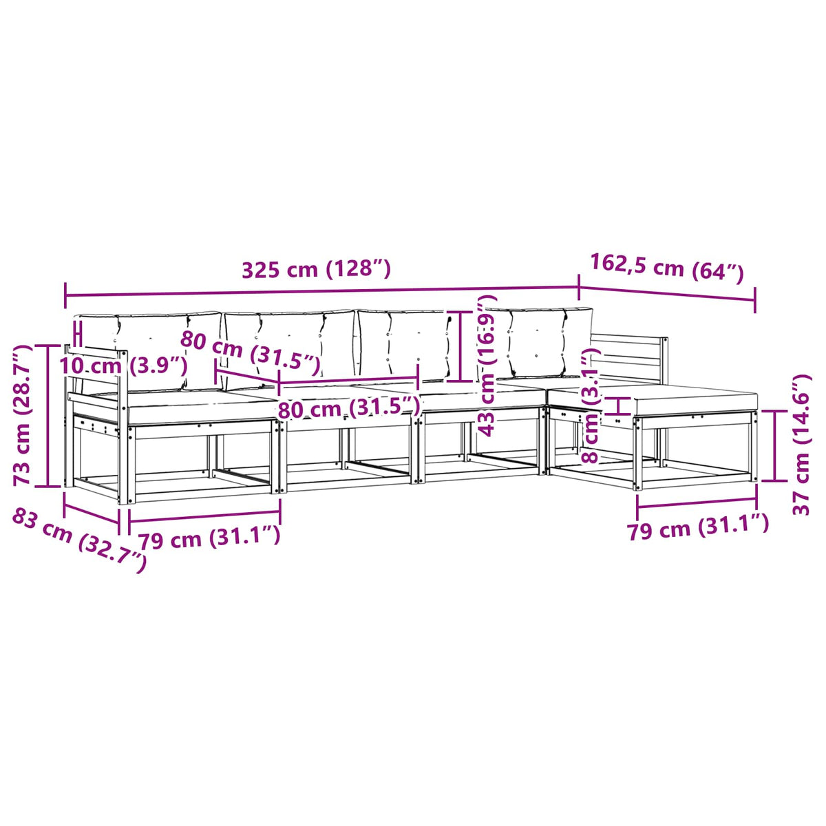 Set vanjskih sofa 4 kom. Bijela i svjetlosiva Poliester Smeđa 325 x 162,5 x 73 cm