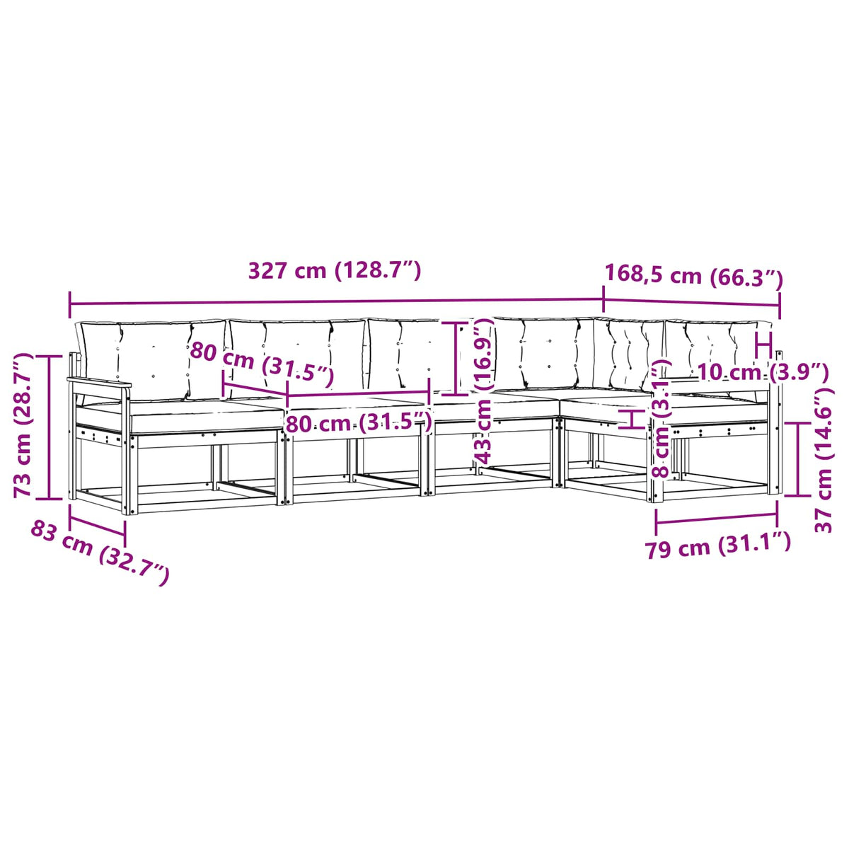 Set vanjskih sofa 4 kom. Bijela i svjetlosiva Poliester Smeđa 327 x 168,5 x 73 cm