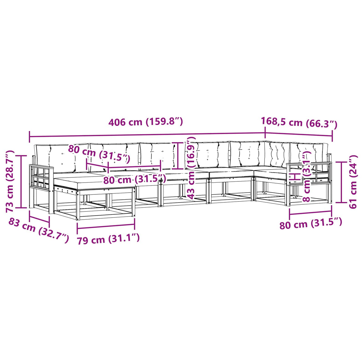 Set vanjskih sofa 7 kom. Bijela i krem Smeđa 406 x 168,5 x 73 cm