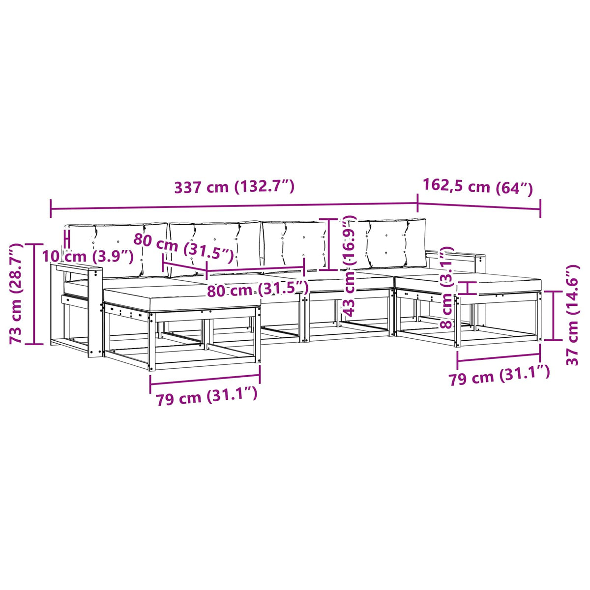 Set vanjskih sofa 6 kom. Bijela i svjetlosiva Smeđa 337 x 162,5 x 73 cm