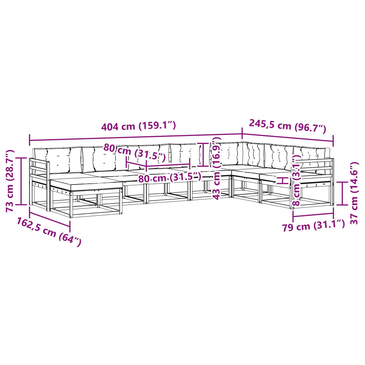 Set vanjskih sofa 8 kom. Bijela i krem 404 x 245,5 x 73 cm
