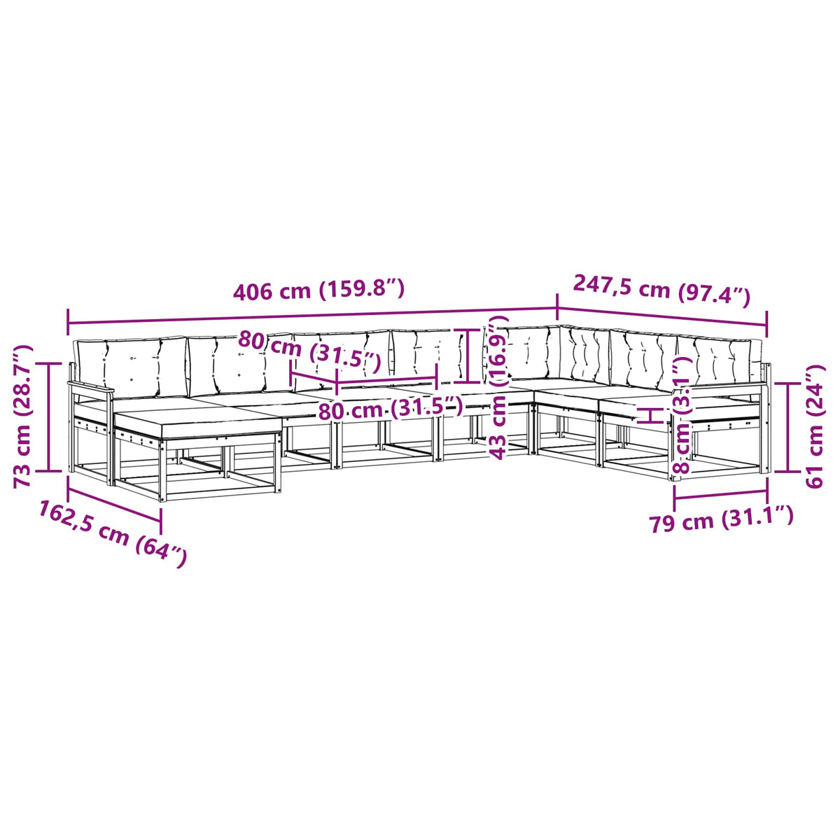 Set vanjskih sofa 8 kom. Bijela i bež 406 x 247,5 x 73 cm