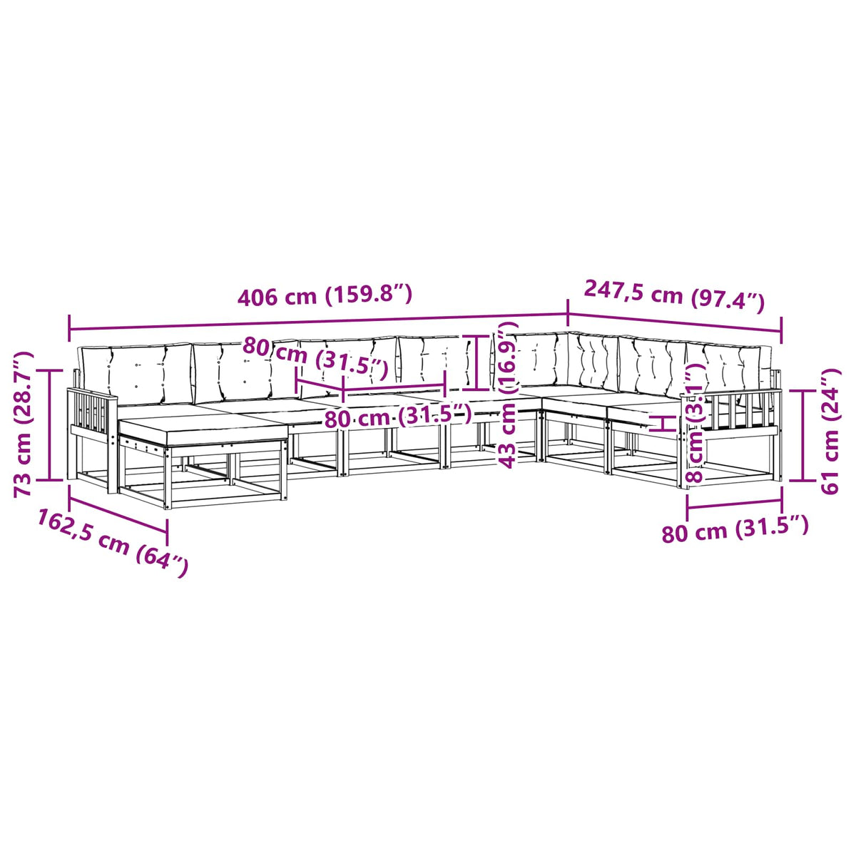 Set vanjskih sofa 8 kom. Bijela i bež 406 x 247,5 x 73 cm