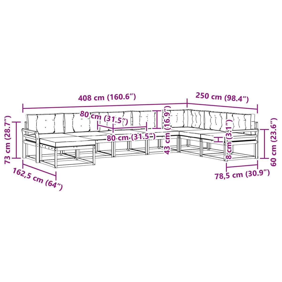 Set vanjskih sofa 8 kom. Bijela i bež 408 x 250 x 73 cm