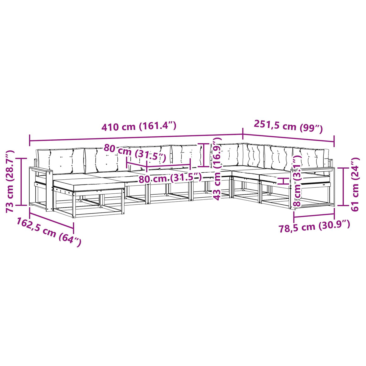 Set vanjskih sofa 8 kom. Bijela i bež 410 x 251,5 x 73 cm