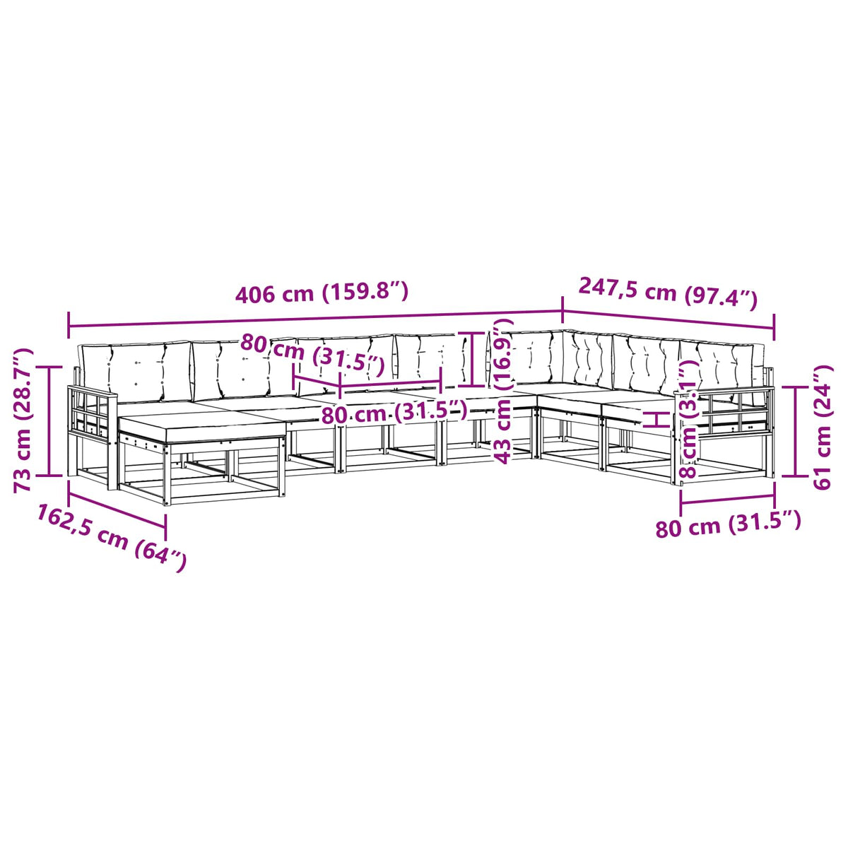 Set vanjskih sofa 8 kom. Bijela i antracit 406 x 247,5 x 73 cm