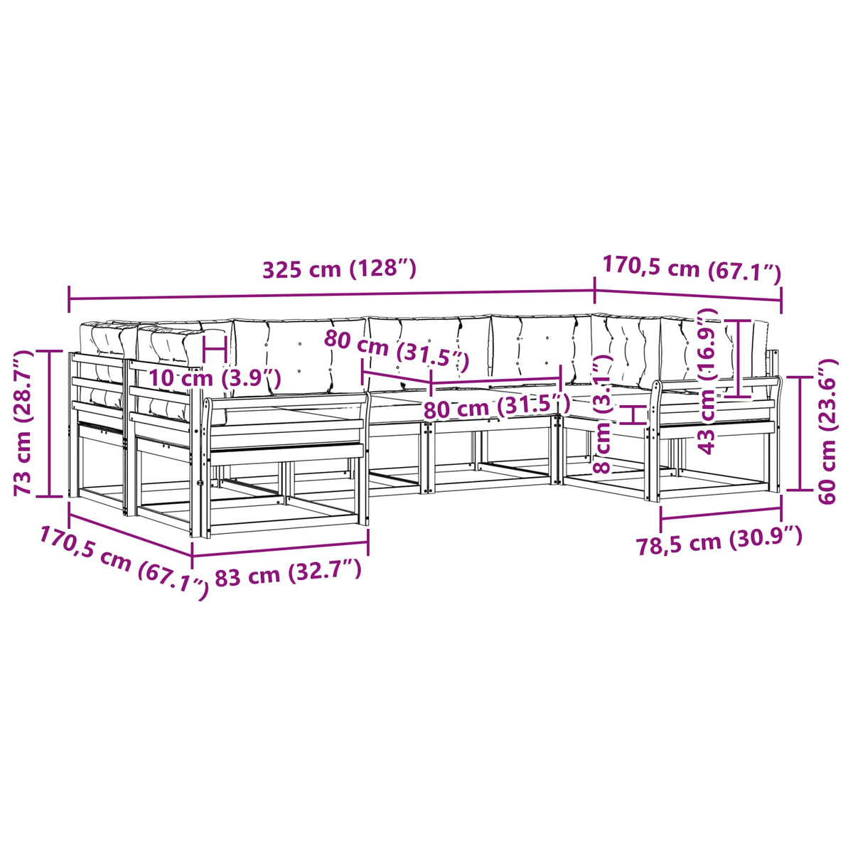 Set vanjskih sofa 6 kom. Bijela i svjetlosiva 325 x 170,5 x 73 cm