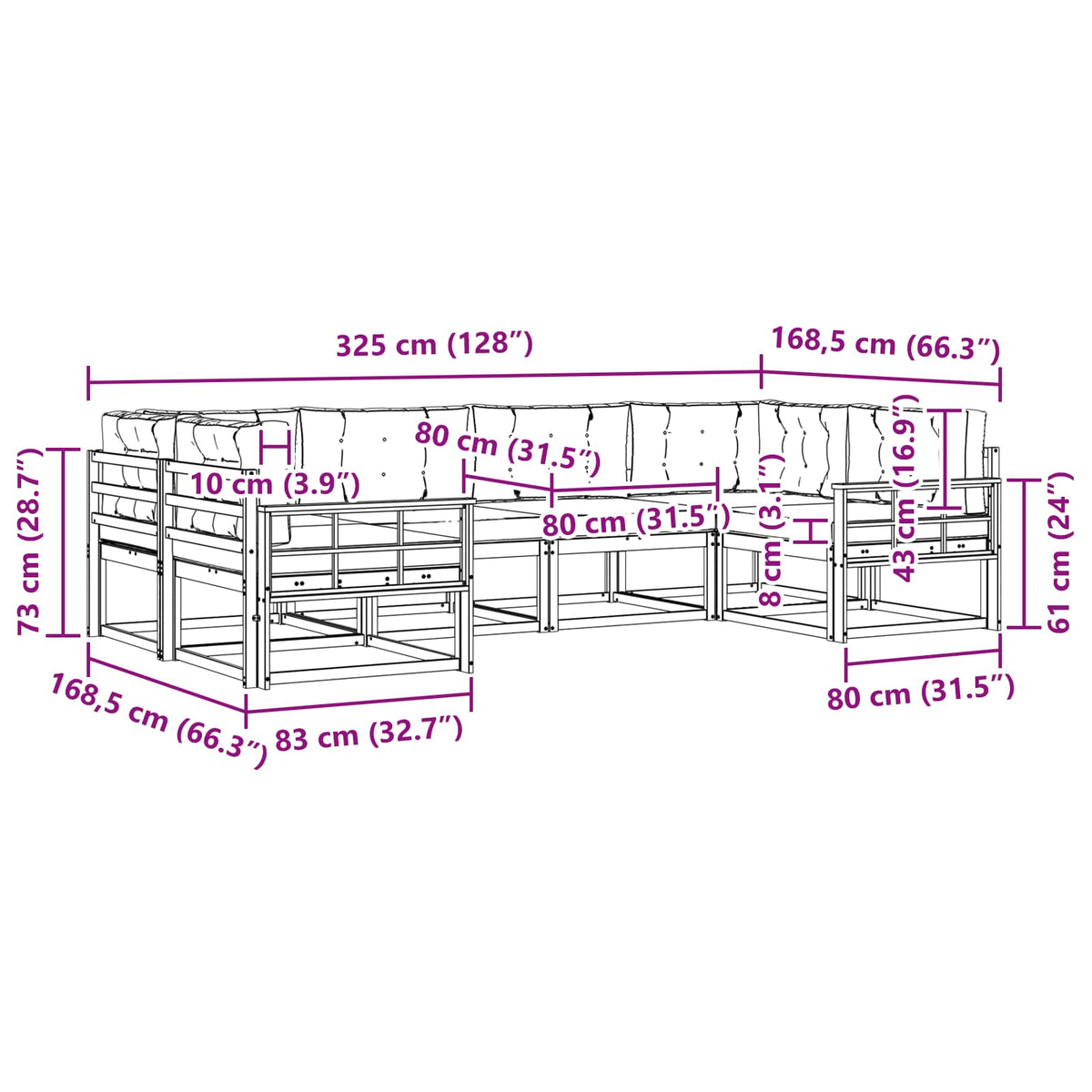 Set vanjskih sofa 6 kom. Bijela i krem 325 x 168,5 x 73 cm