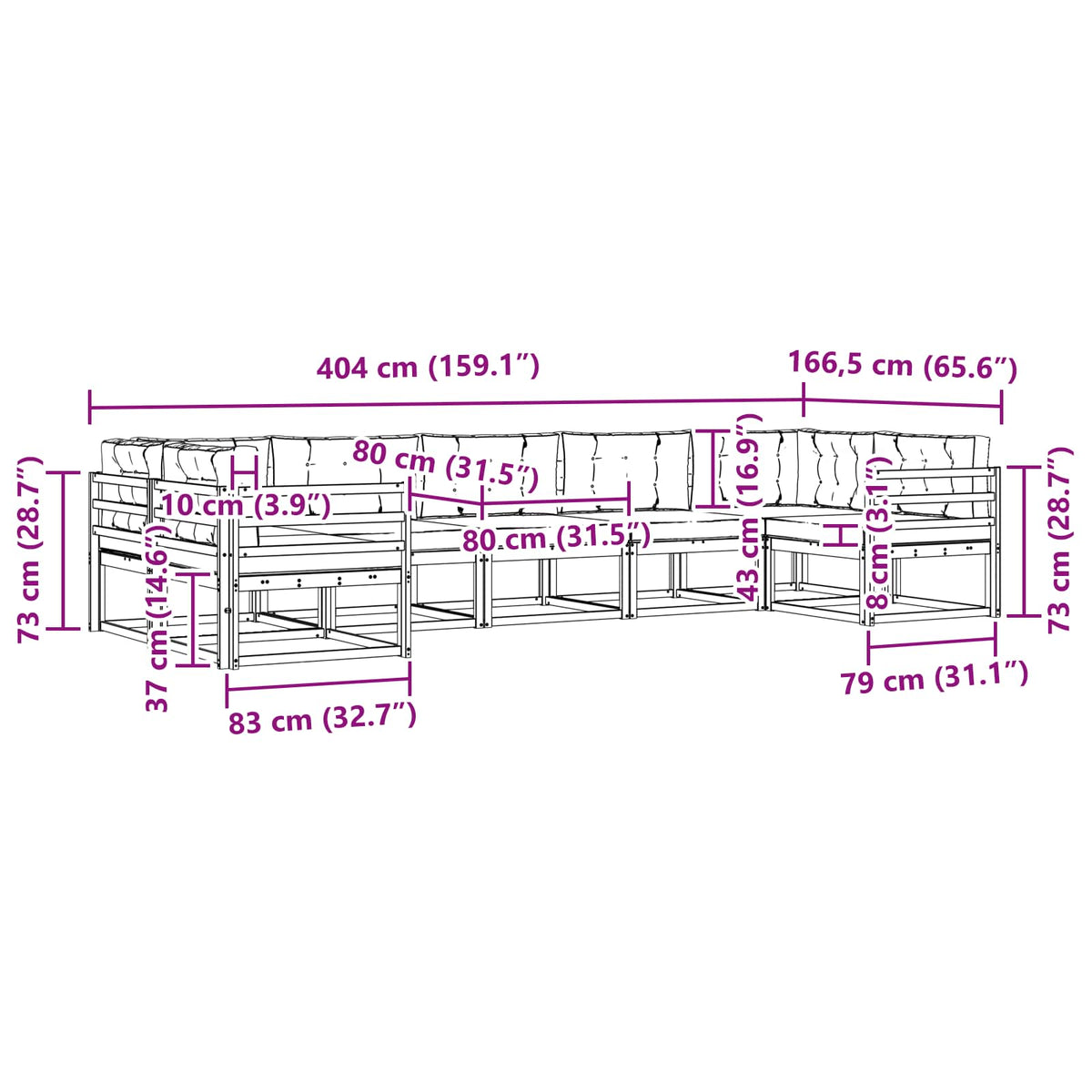Set vanjskih sofa 7 kom. Bijela i krem Smeđa 404 x 166,5 x 73 cm