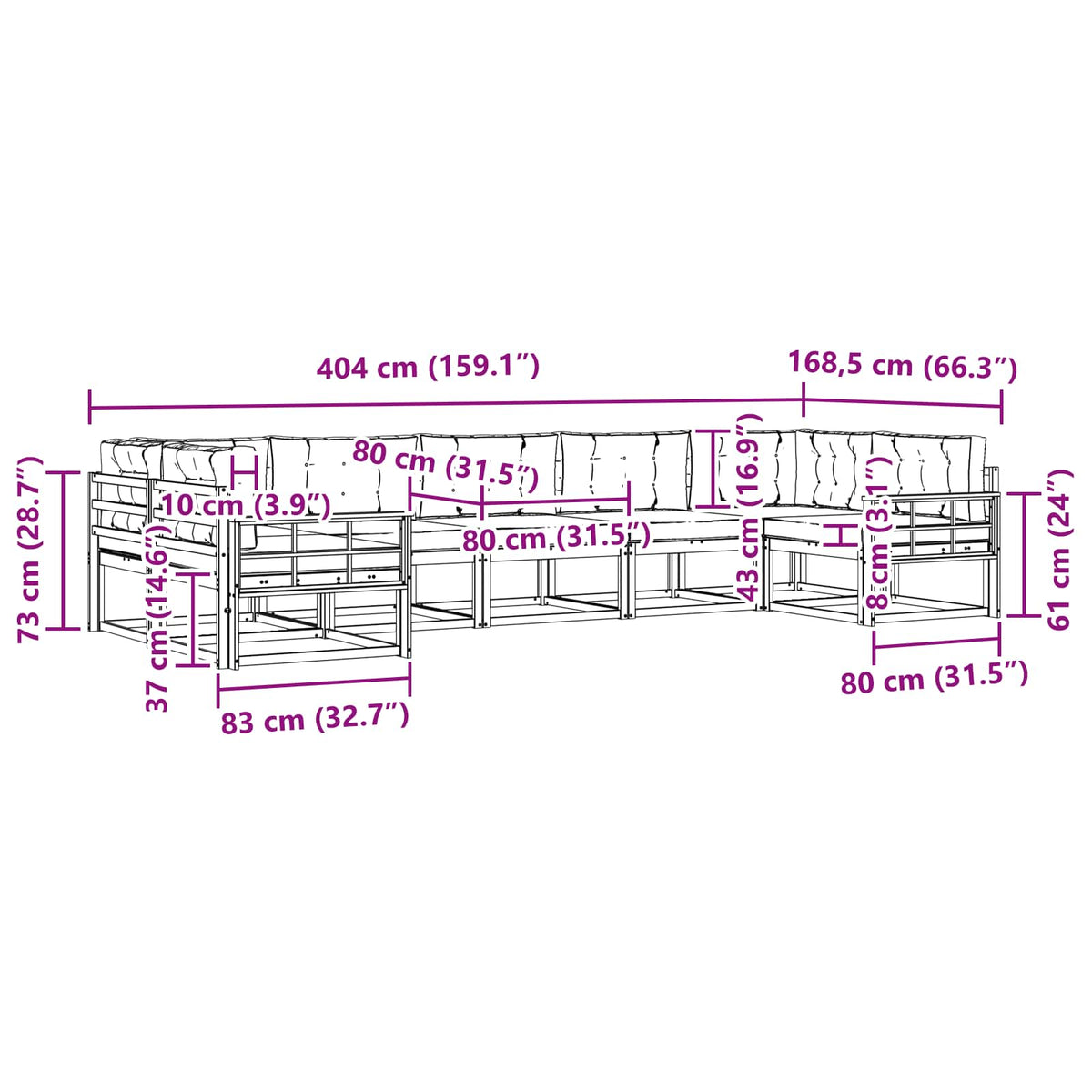 Set vanjskih sofa 7 kom. Bijela i bež Smeđa 404 x 168,5 x 73 cm