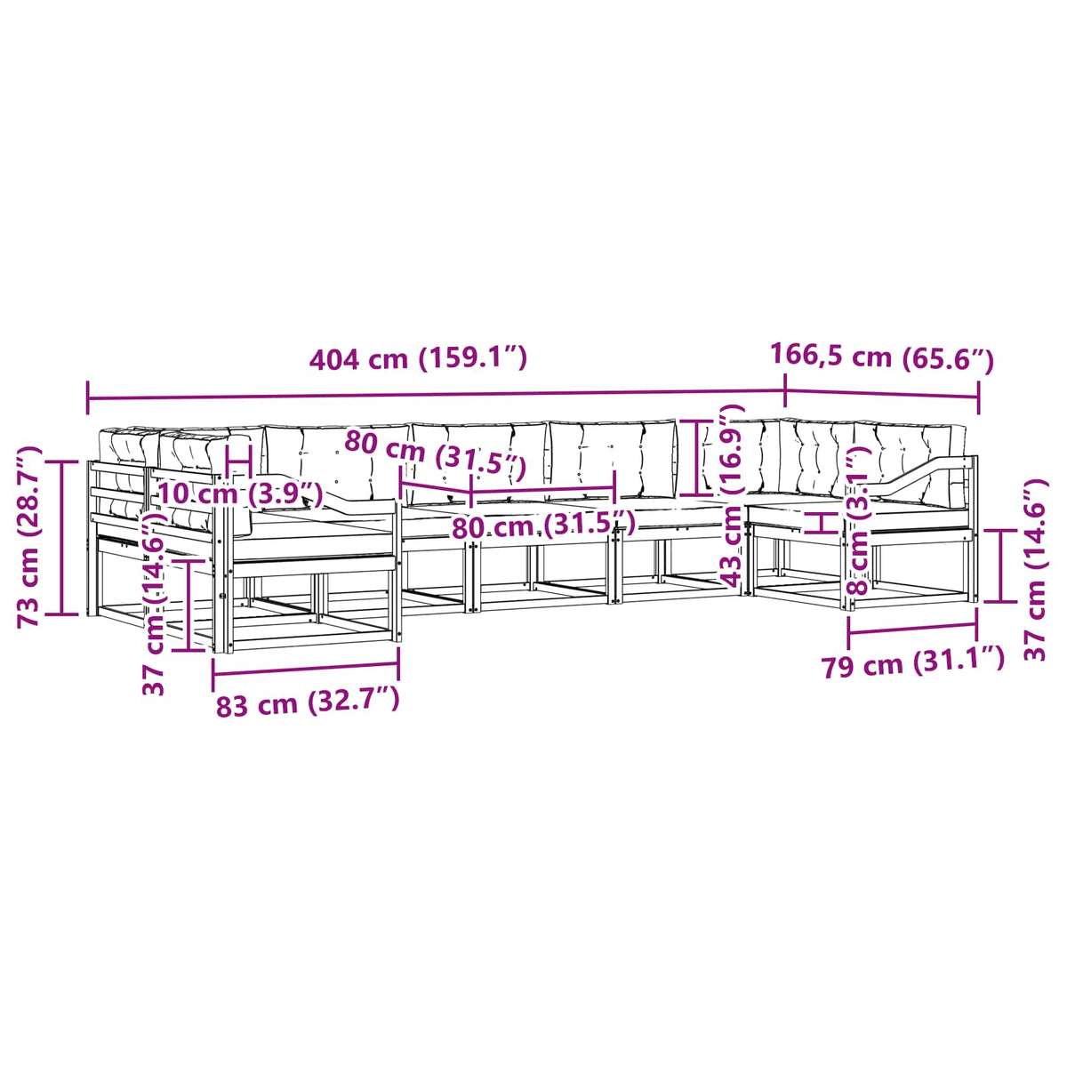 Set vanjskih sofa 7 kom. Bijela i bež Smeđa 404 x 166,5 x 73 cm