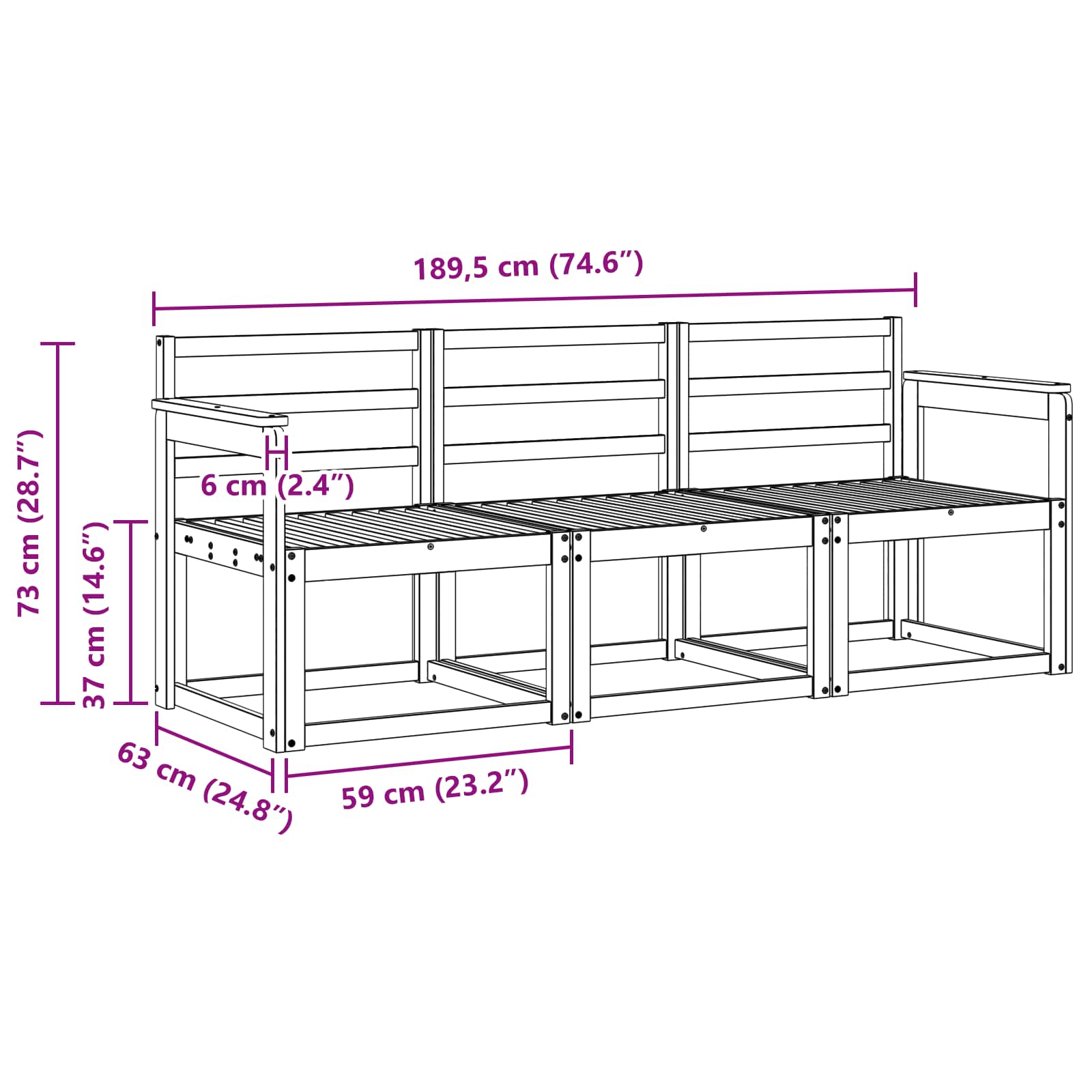Set vanjskih sofa 3 pcs Bijela 189,5 x 63 x 73 cm