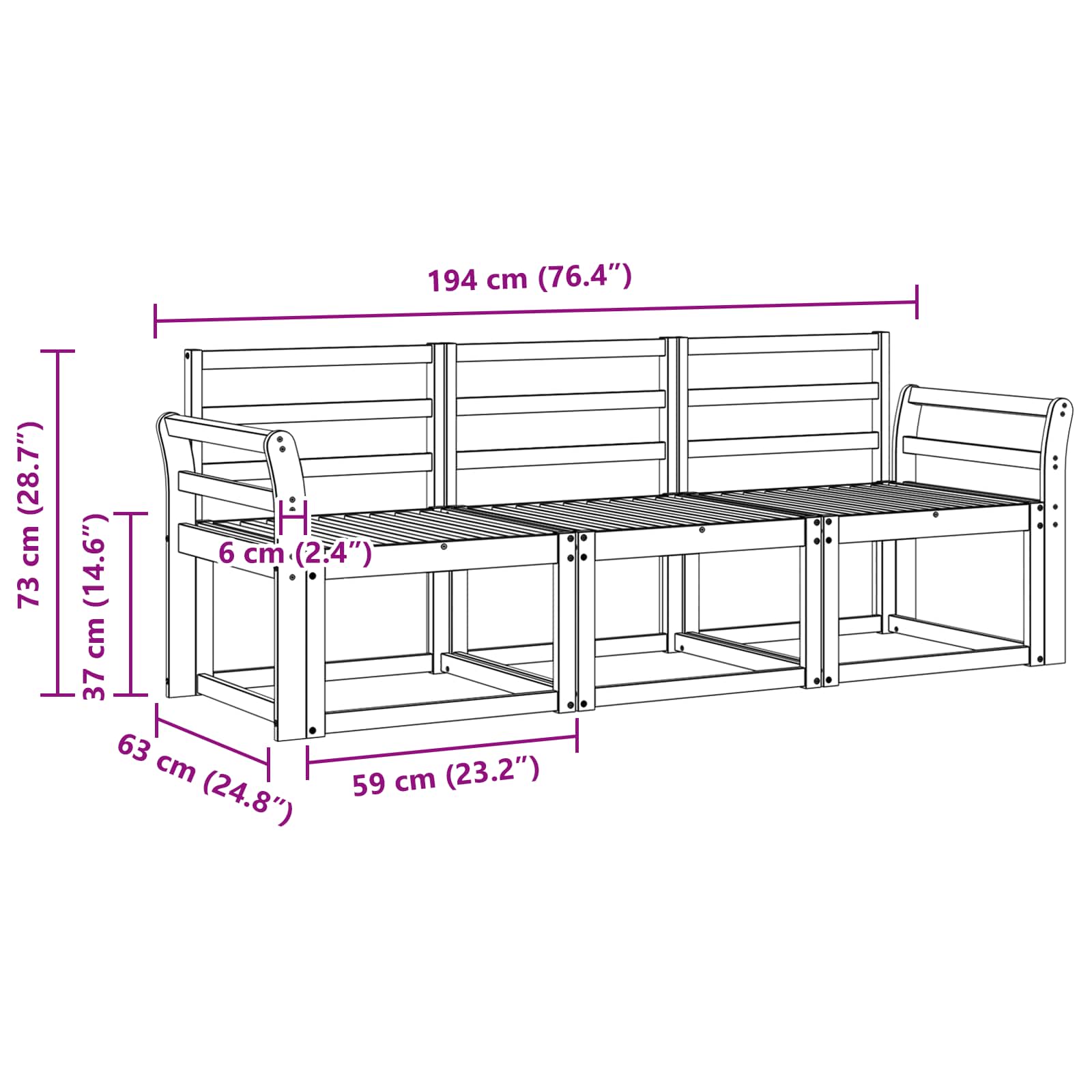 Set vanjskih sofa 3 pcs Bijela 194 x 63 x 73 cm