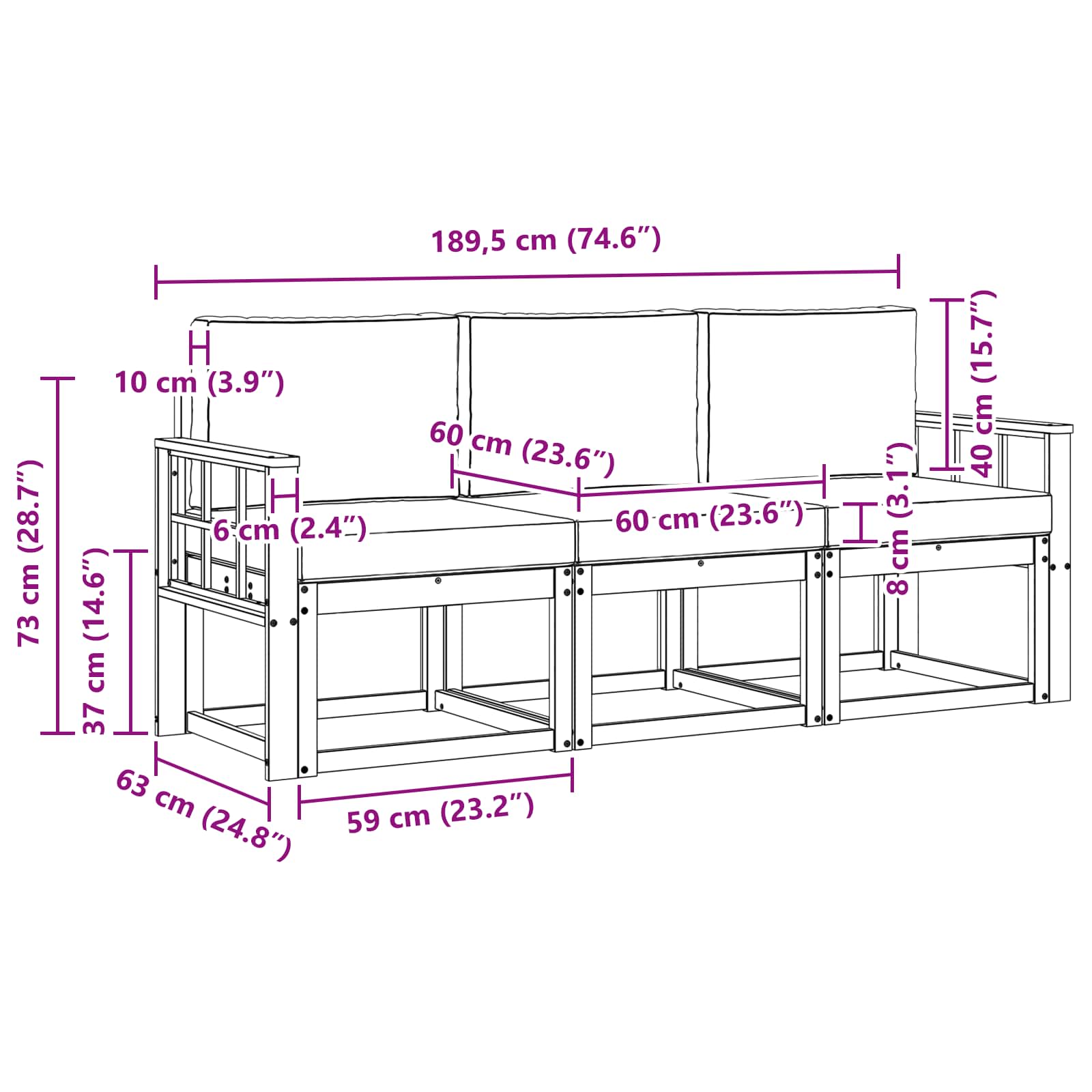 Set vanjskih sofa 3 pcs Bijela i svjetlosiva 189,5 x 63 x 73 cm