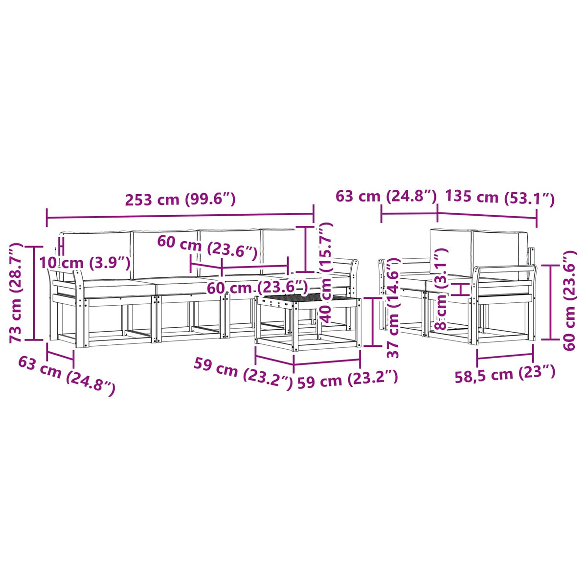 Set vanjskih sofa 7 kom. Bijela i bež 59 x 59 x 37 cm