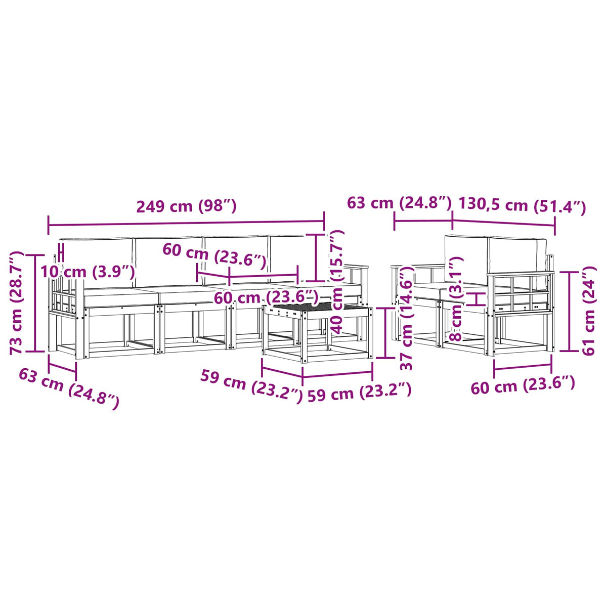 Set vanjskih sofa 7 kom. Bijela i antracit 59 x 59 x 37 cm