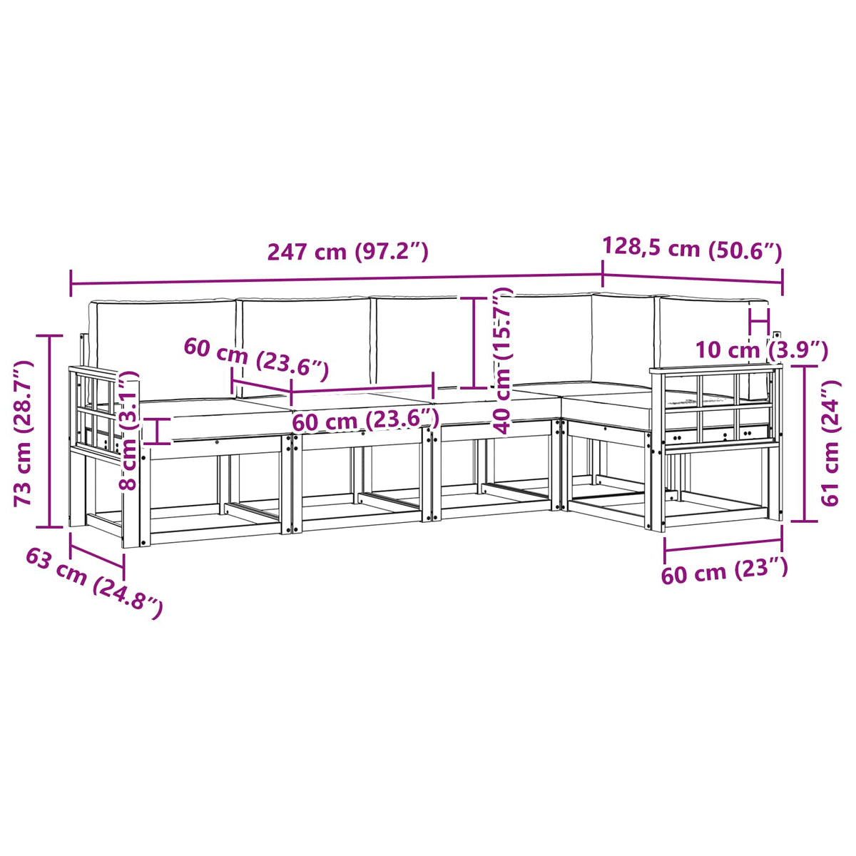 Set vanjskih sofa 5 kom. Bijela i svjetlosiva Smeđa 247 x 128,5 x 73 cm