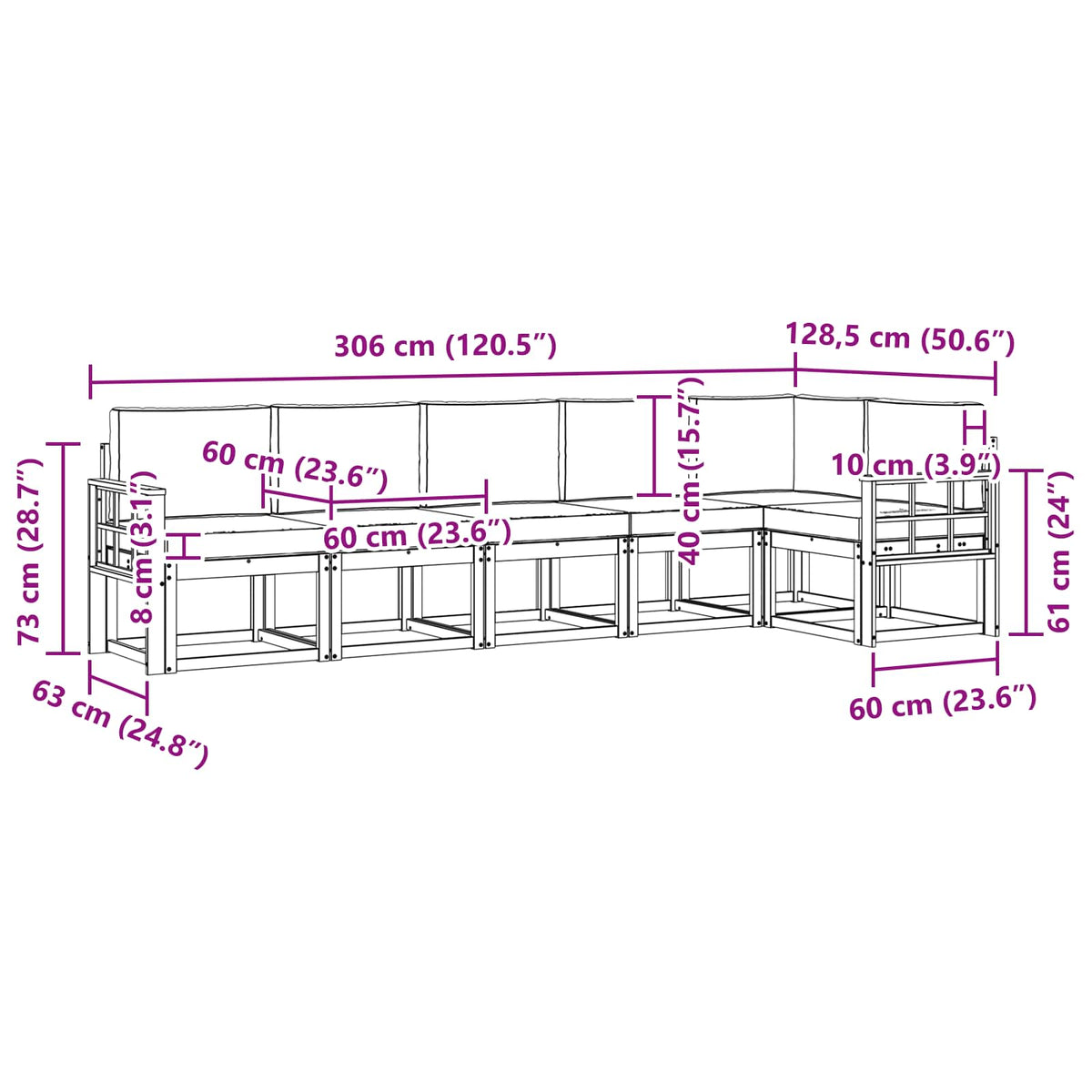 Set vanjskih sofa 6 kom. Bijela i svjetlosiva Smeđa 306 x 128,5 x 73 cm