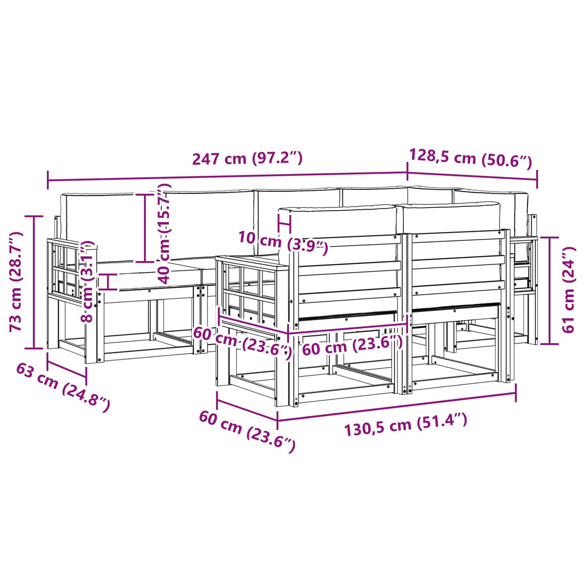 Set vanjskih sofa 7 kom. Bijela i svjetlosiva Smeđa 247 x 128,5 x 73 cm