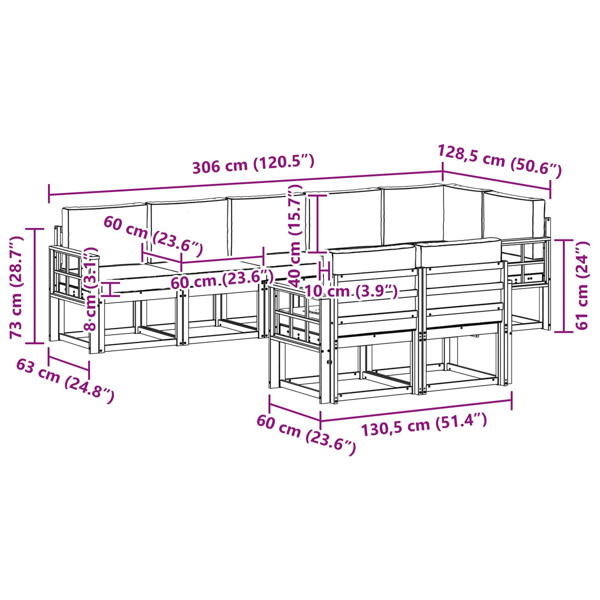 Set vanjskih sofa 8 kom. Bijela i svjetlosiva Smeđa 306 x 128,5 x 73 cm