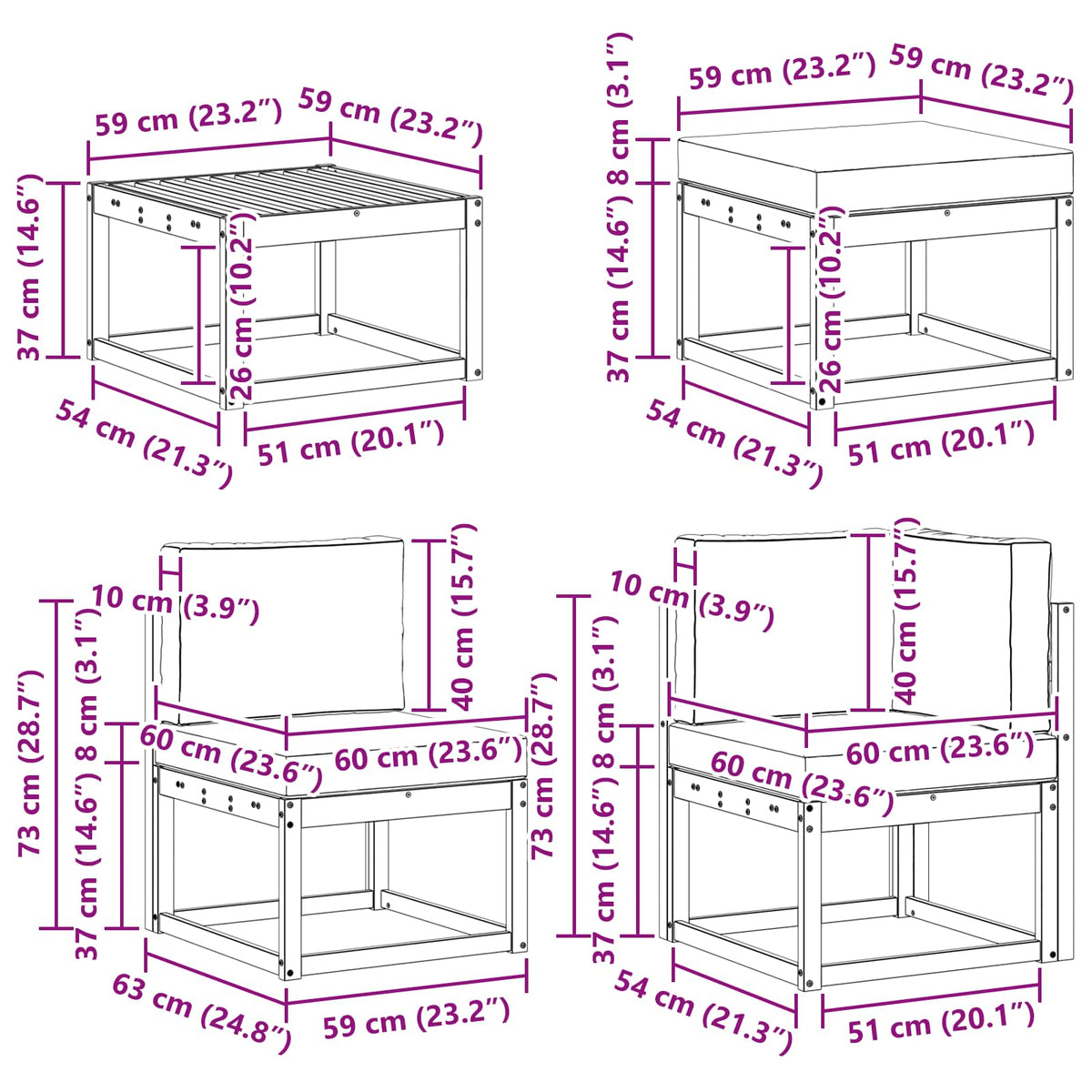 Set vanjskih sofa 8 kom. Bijela i svjetlosiva 59 x 59 x 37 cm