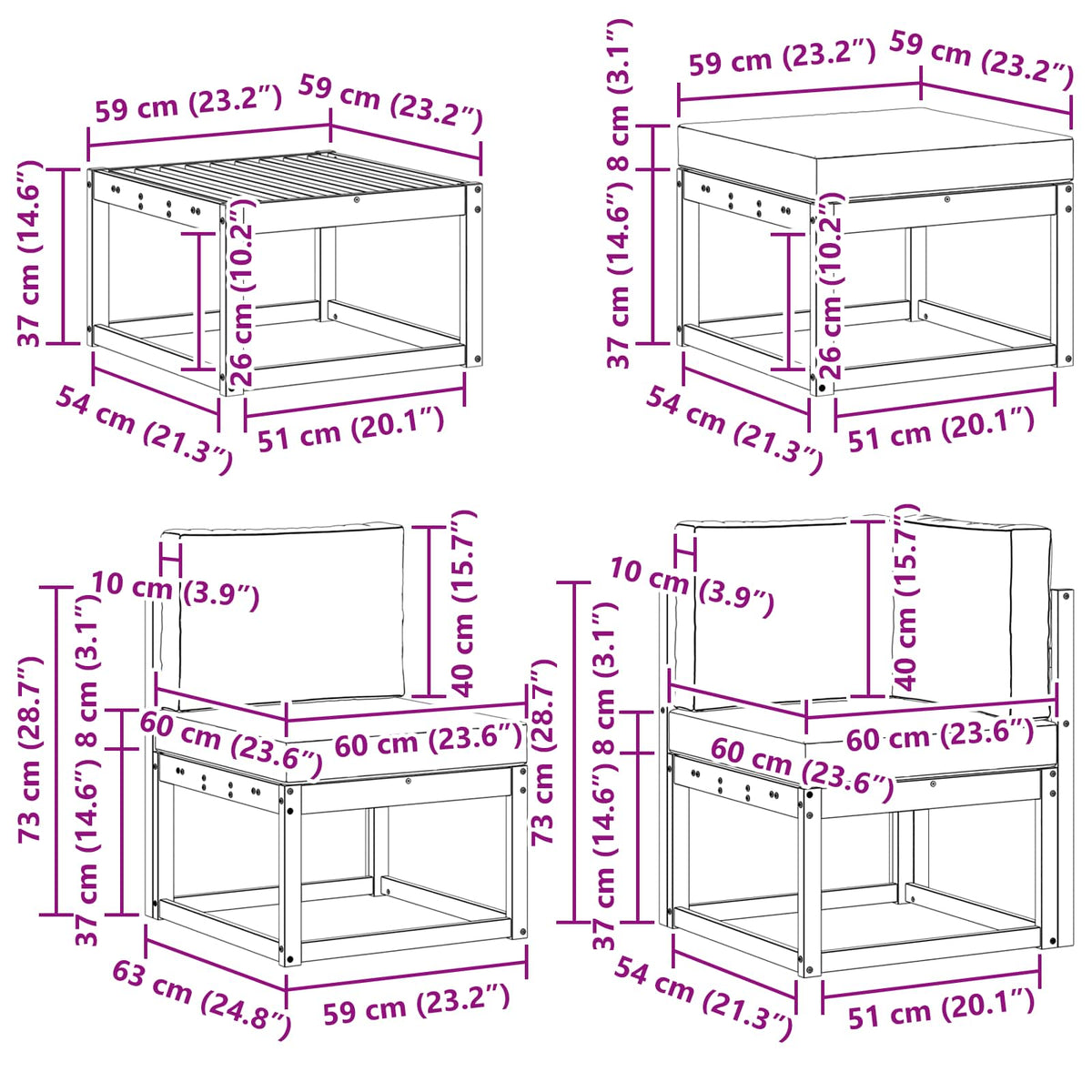 Set vanjskih sofa 8 kom. Bijela i svjetlosiva 59 x 59 x 37 cm