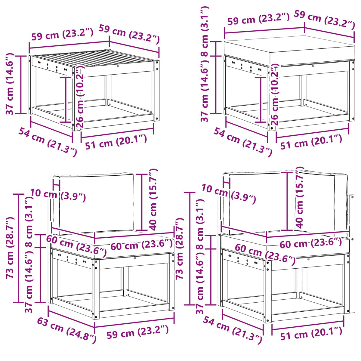 Set vanjskih sofa 8 kom. Bijela i svjetlosiva 59 x 37 x cm