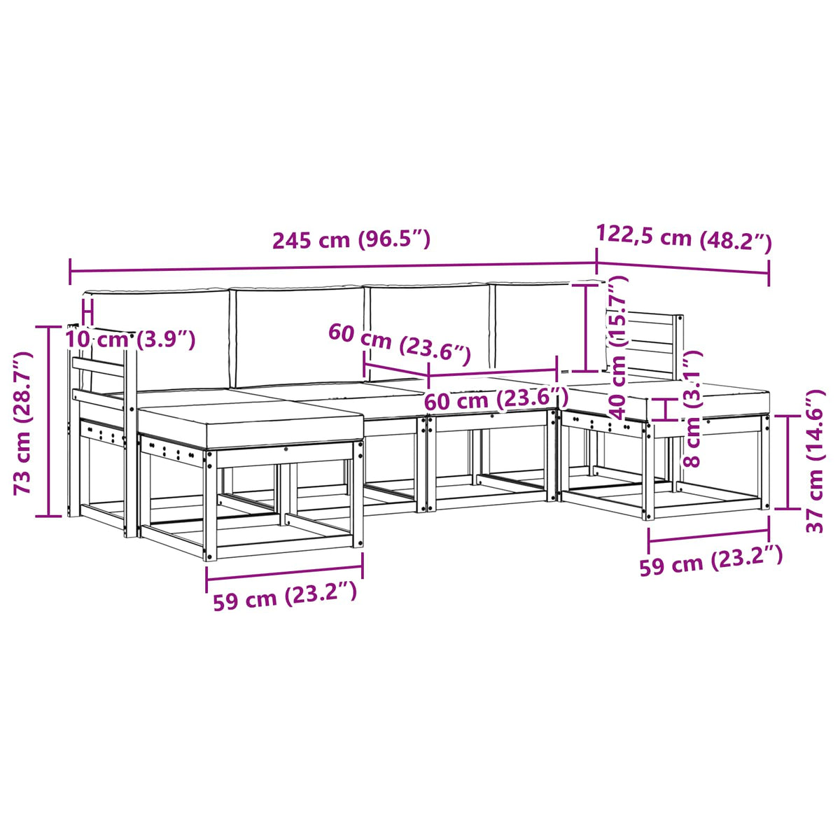 Set vanjskih sofa 6 kom. Bijela i svjetlosiva Smeđa 245 x 122,5 x 73 cm