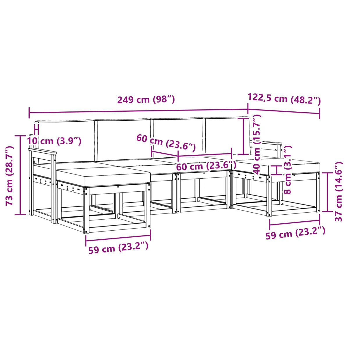 Set vanjskih sofa 6 kom. Bijela i svjetlosiva Smeđa 249 x 122,5 x 73 cm