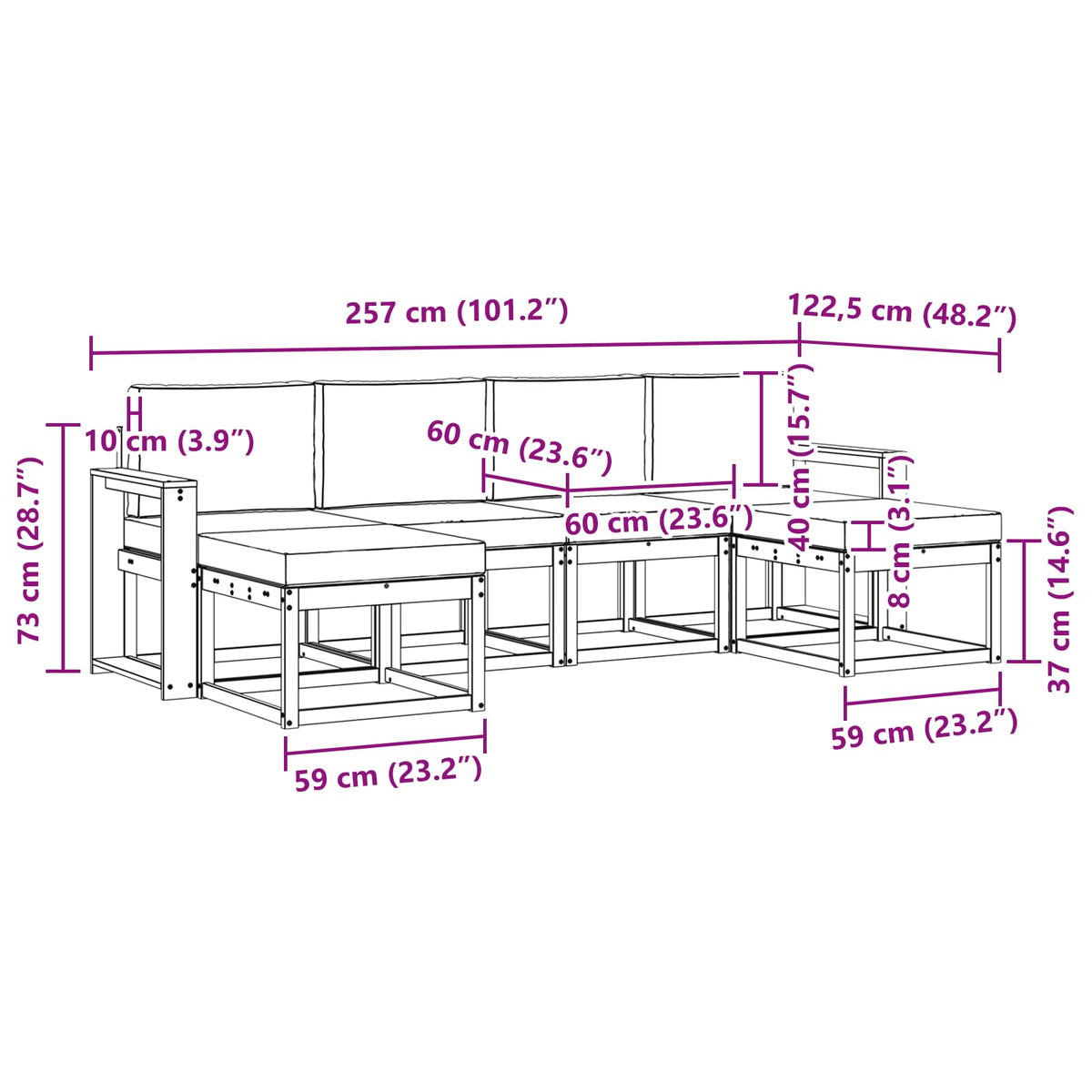 Set vanjskih sofa 6 kom. Bijela i svjetlosiva Smeđa 257 x 122,5 x 73 cm