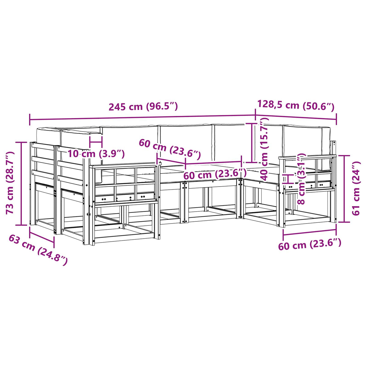 Set vanjskih sofa 6 kom. Bijela i bež Smeđa 245 x 128,5 x 73 cm