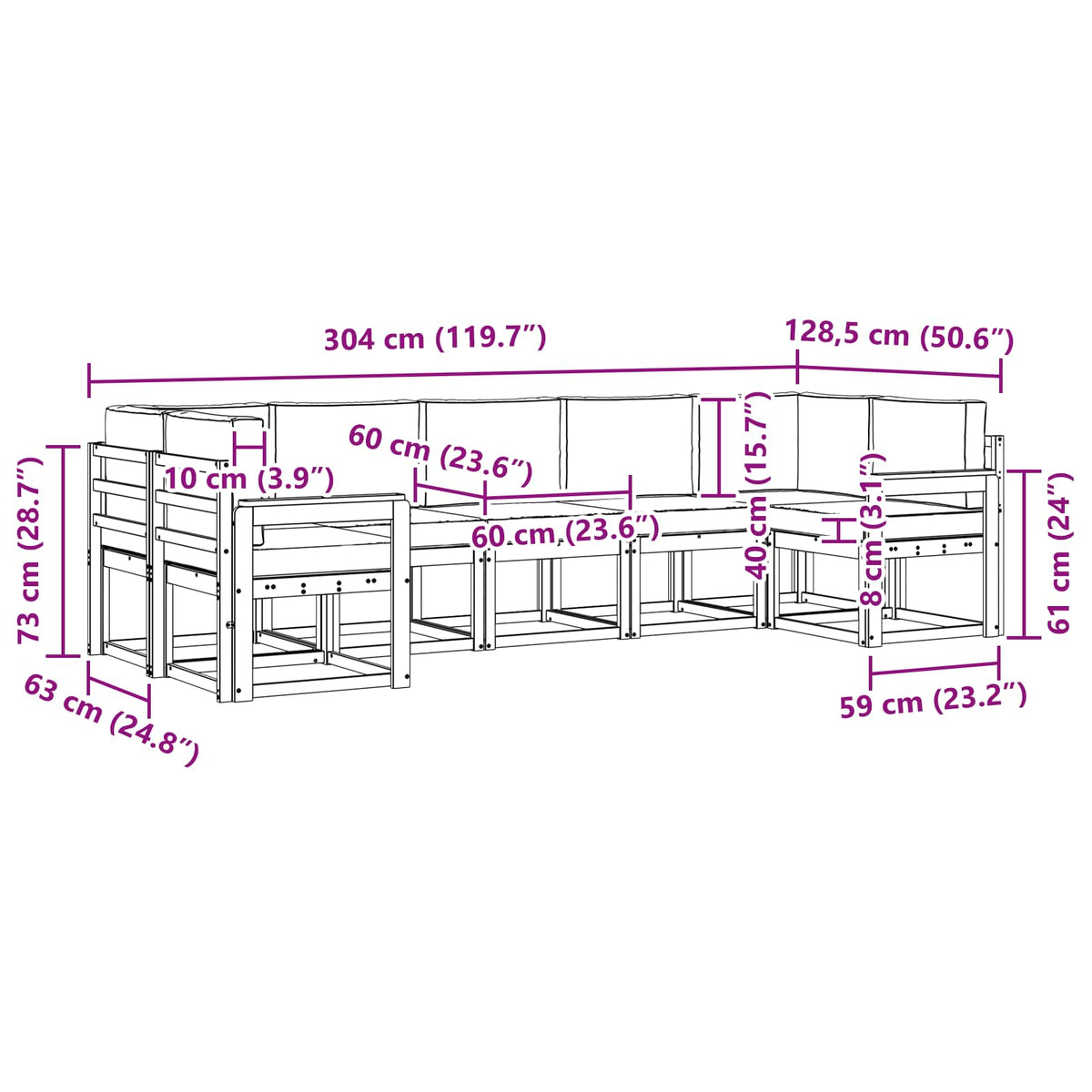 Set vanjskih sofa 7 kom. Bijela i krem Smeđa 304 x 128,5 x 73 cm