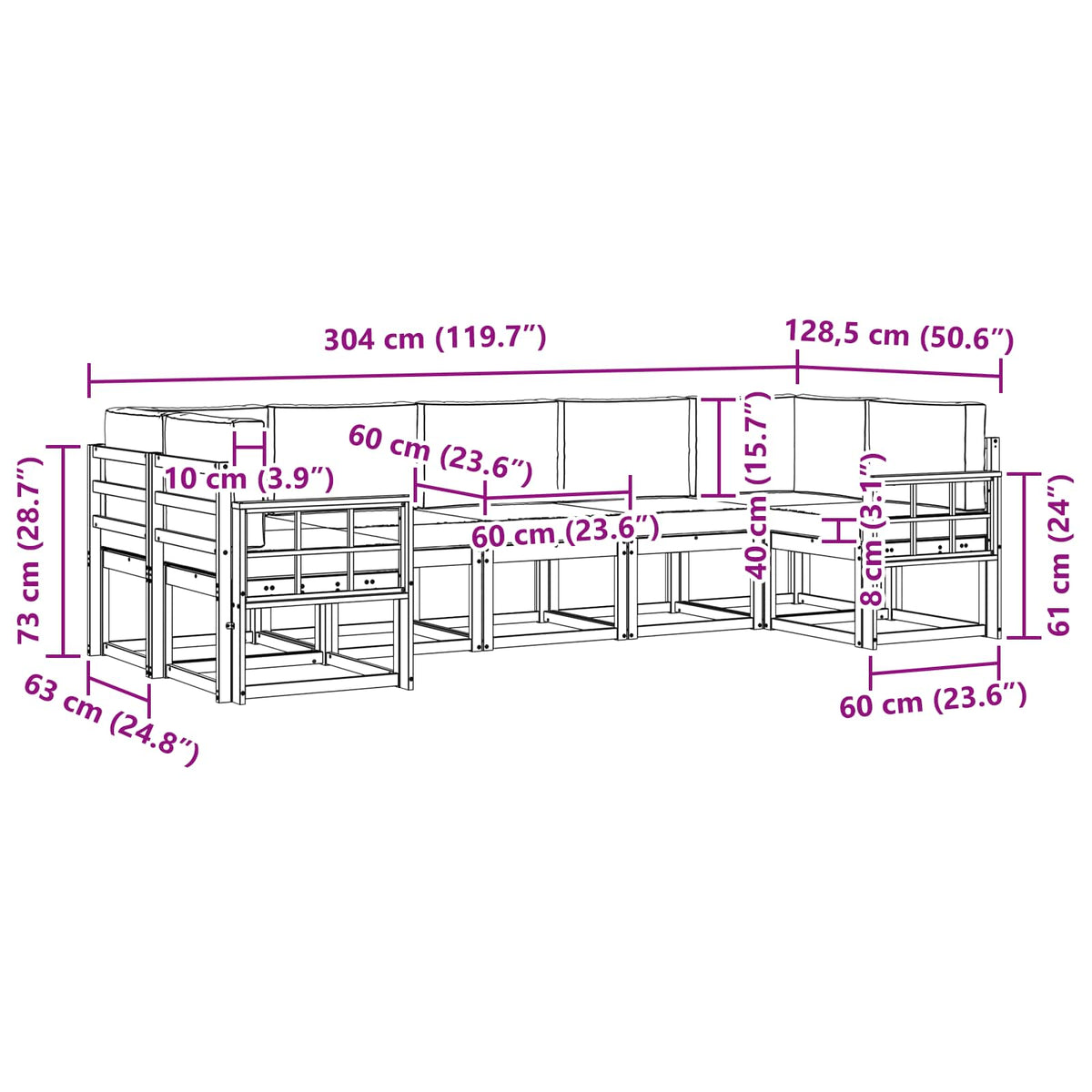 Set vanjskih sofa 7 kom. Bijela i bež Smeđa 304 x 128,5 x 73 cm