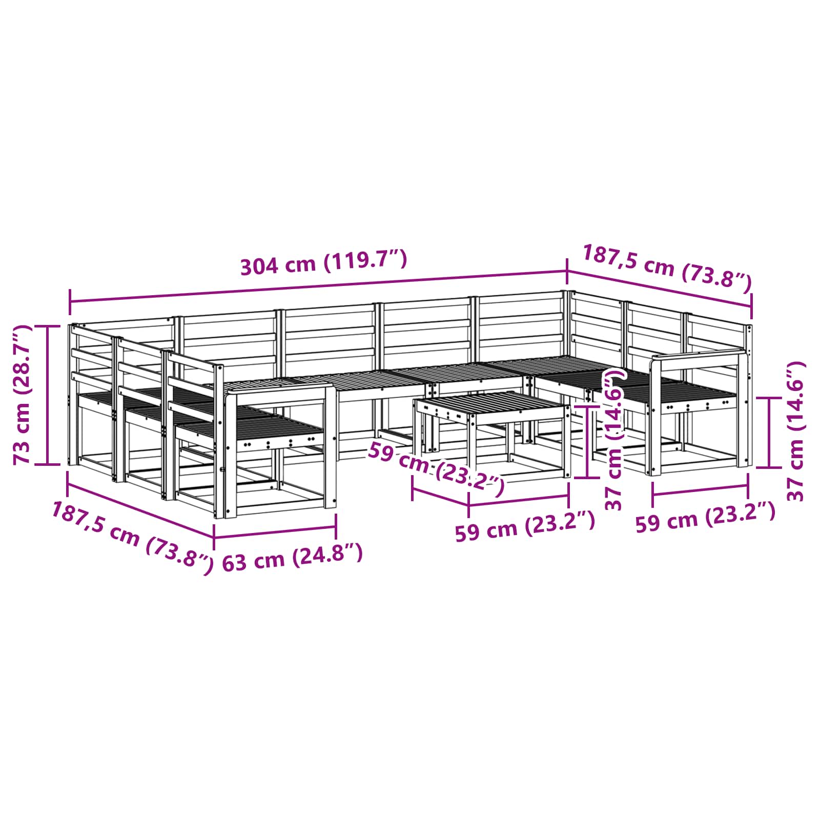 Set vanjskih sofa 10 pcs Bijela Čvrsto drvo akacije