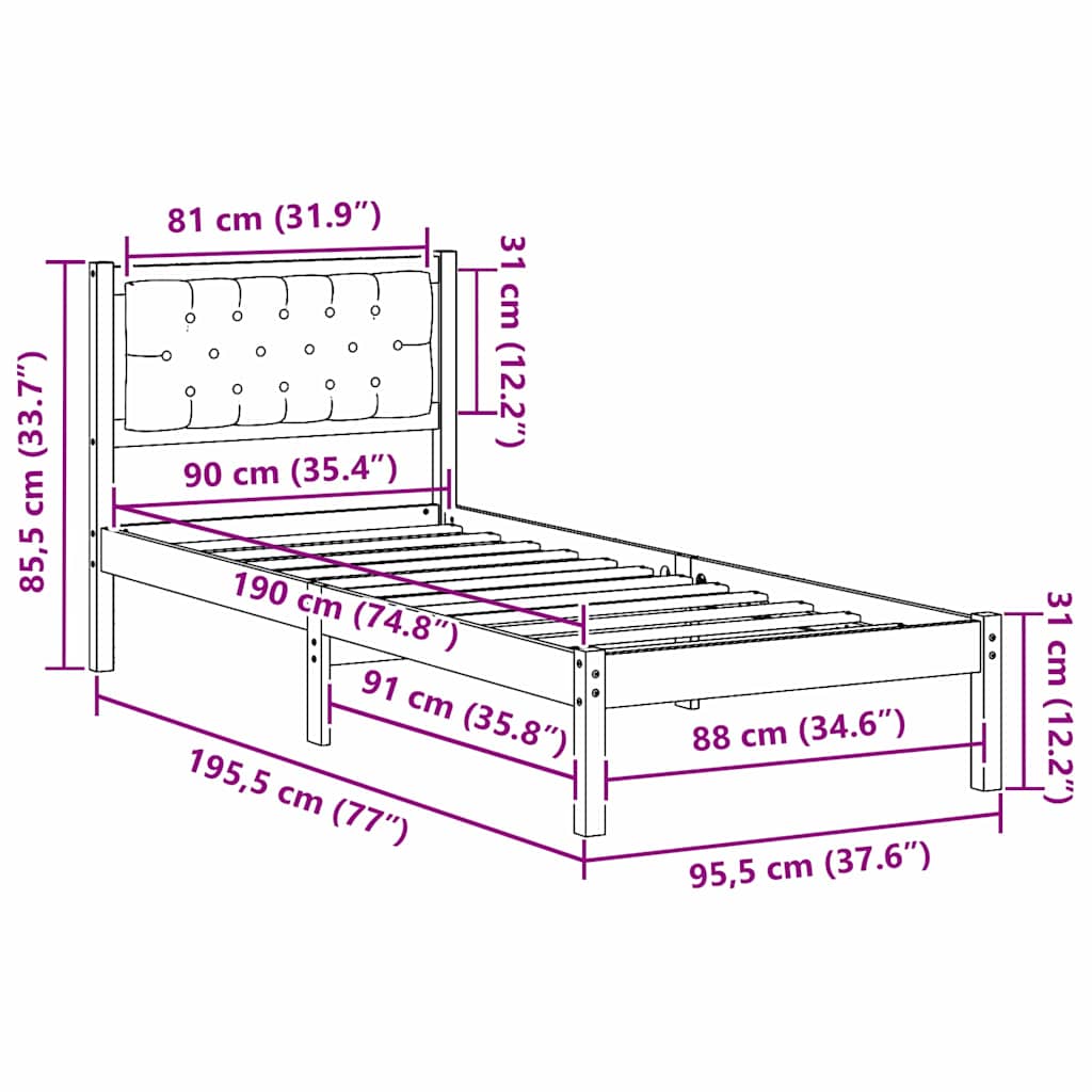 Krevetna konstrukcija Crna 90 x 190 cm Čvrsto borovo drvo Smeđa