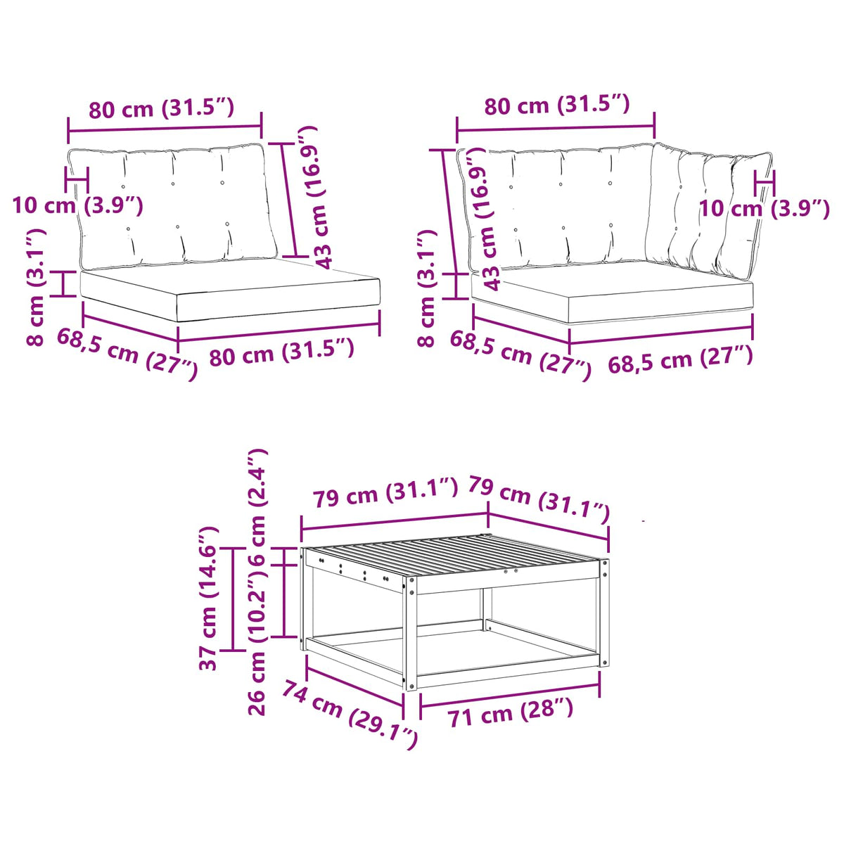 Set vanjskih sofa 7 kom. Bijela i bež Smeđa 79 x 79 x 37 cm