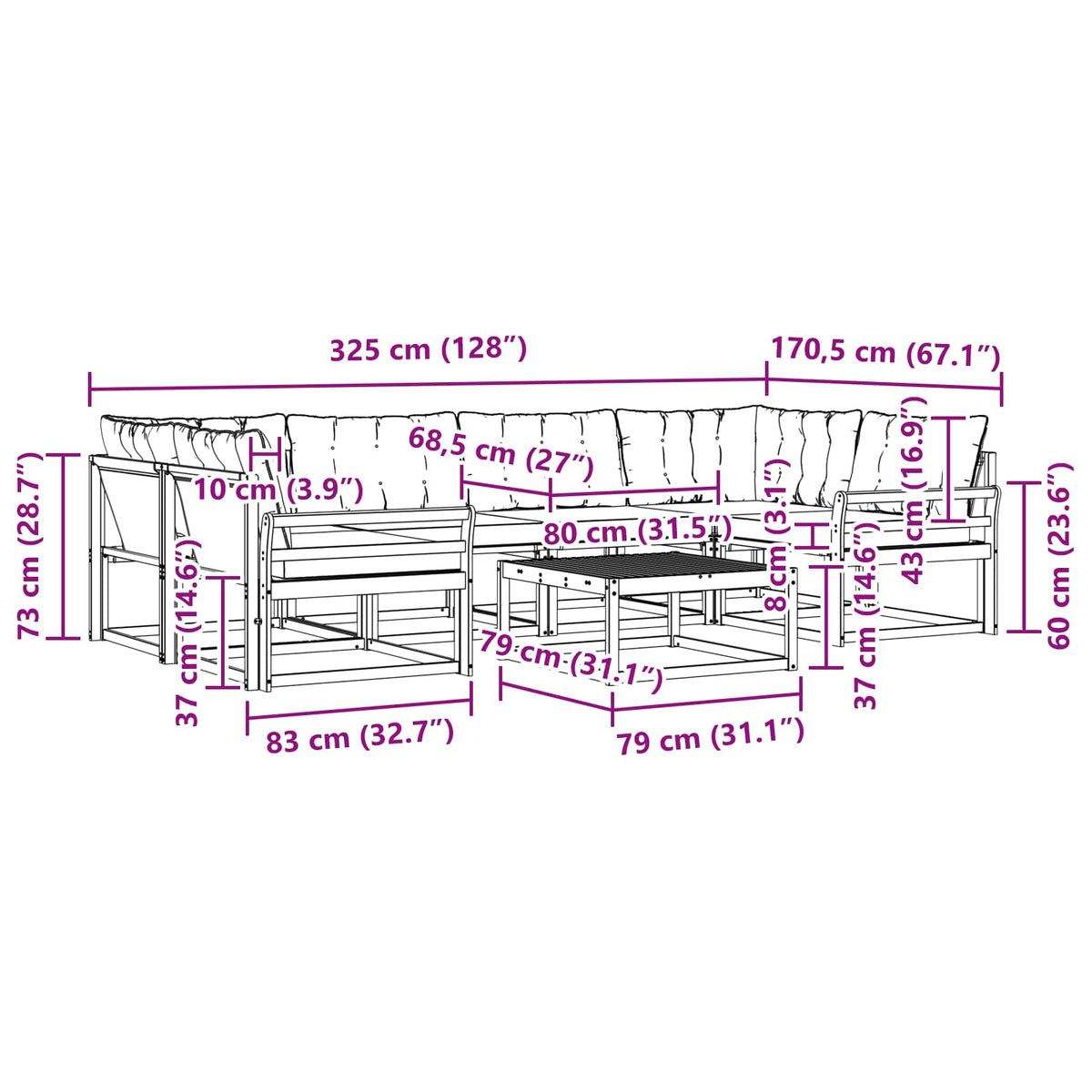 Set vanjskih sofa 7 kom. Bijela i bež Smeđa 79 x 79 x 37 cm