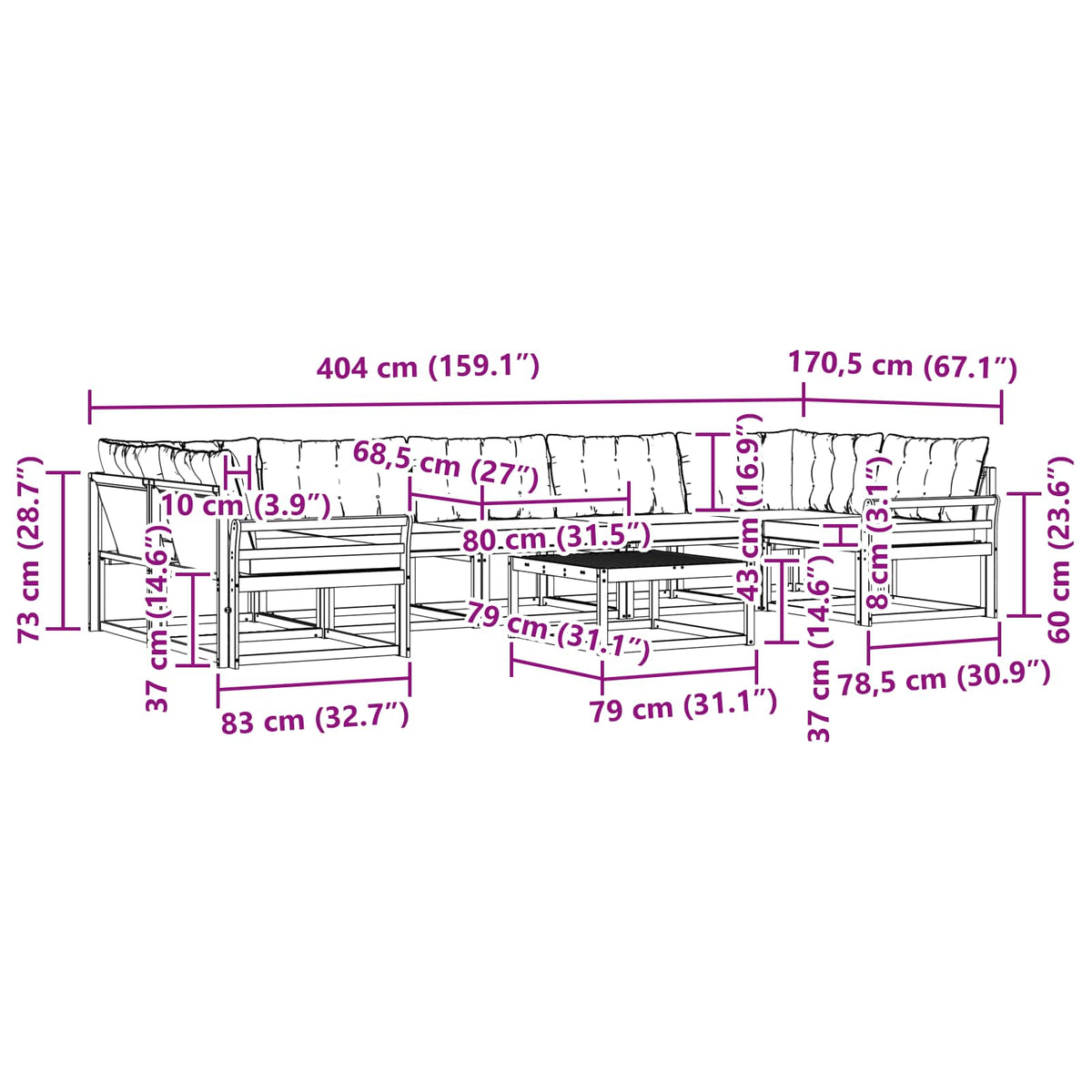 Set vanjskih sofa 8 kom. Bijela i krem Smeđa 79 x 79 x 37 cm