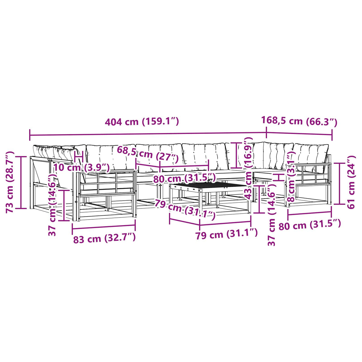 Set vanjskih sofa 8 kom. Bijela i bež Smeđa 79 x 79 x 37 cm