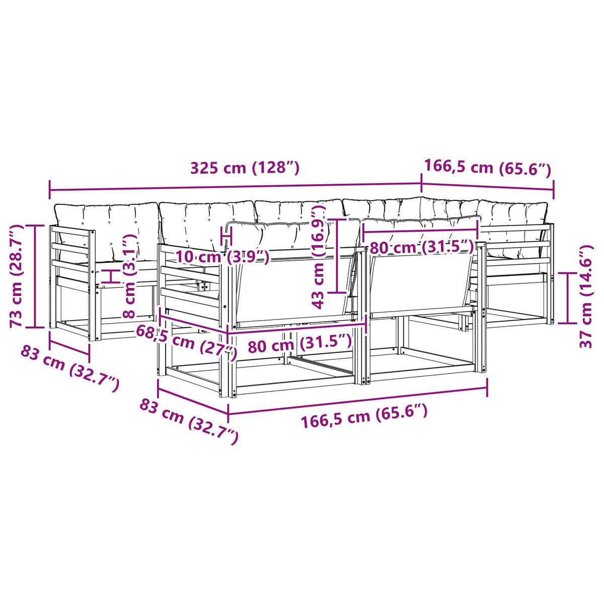 Set vanjskih sofa 7 kom. Bijela i bež Smeđa 325 x 166,5 x 73 cm
