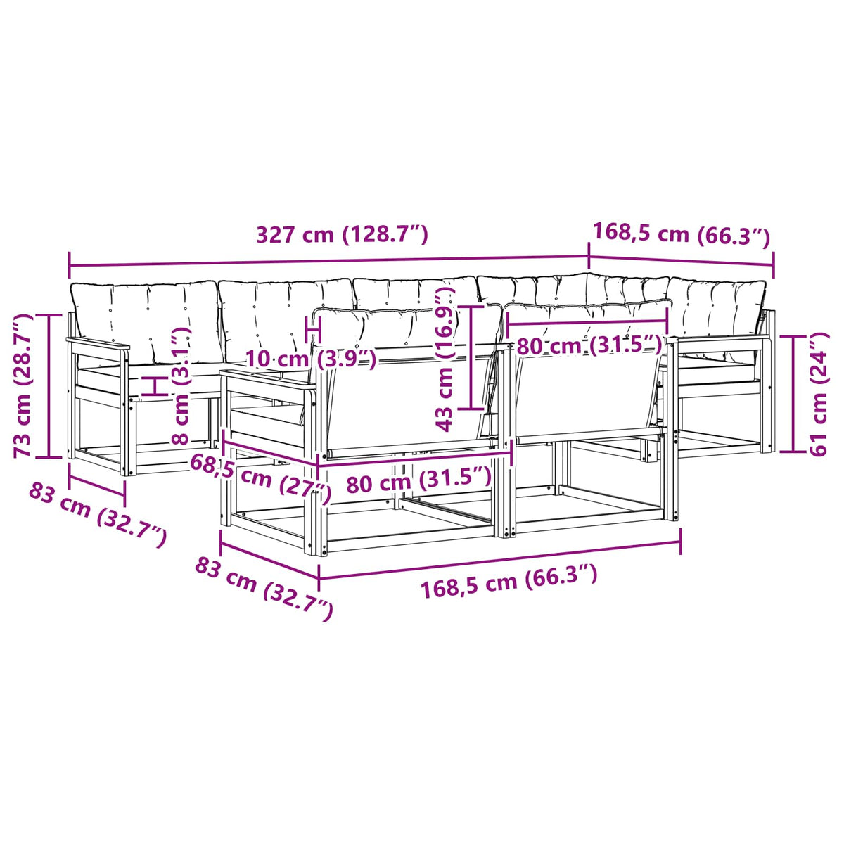 Set vanjskih sofa 7 kom. Bijela i svjetlosiva Smeđa 327 x 168,5 x 73 cm