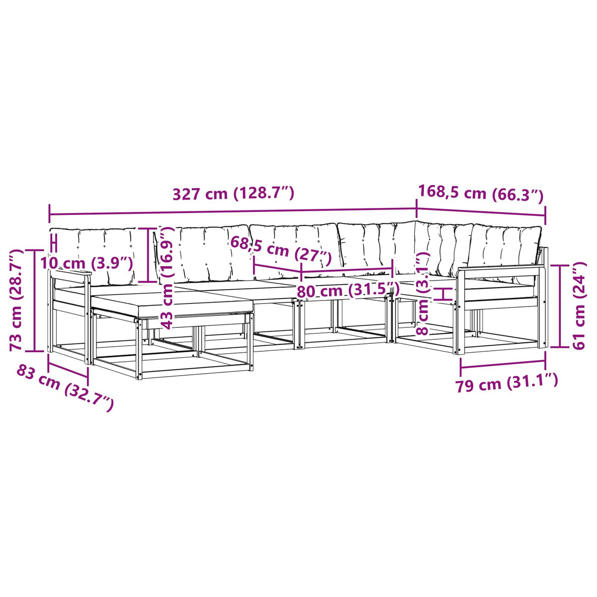 Set vanjskih sofa 6 kom. Bijela i svjetlosiva 327 x 168,5 x 73 cm