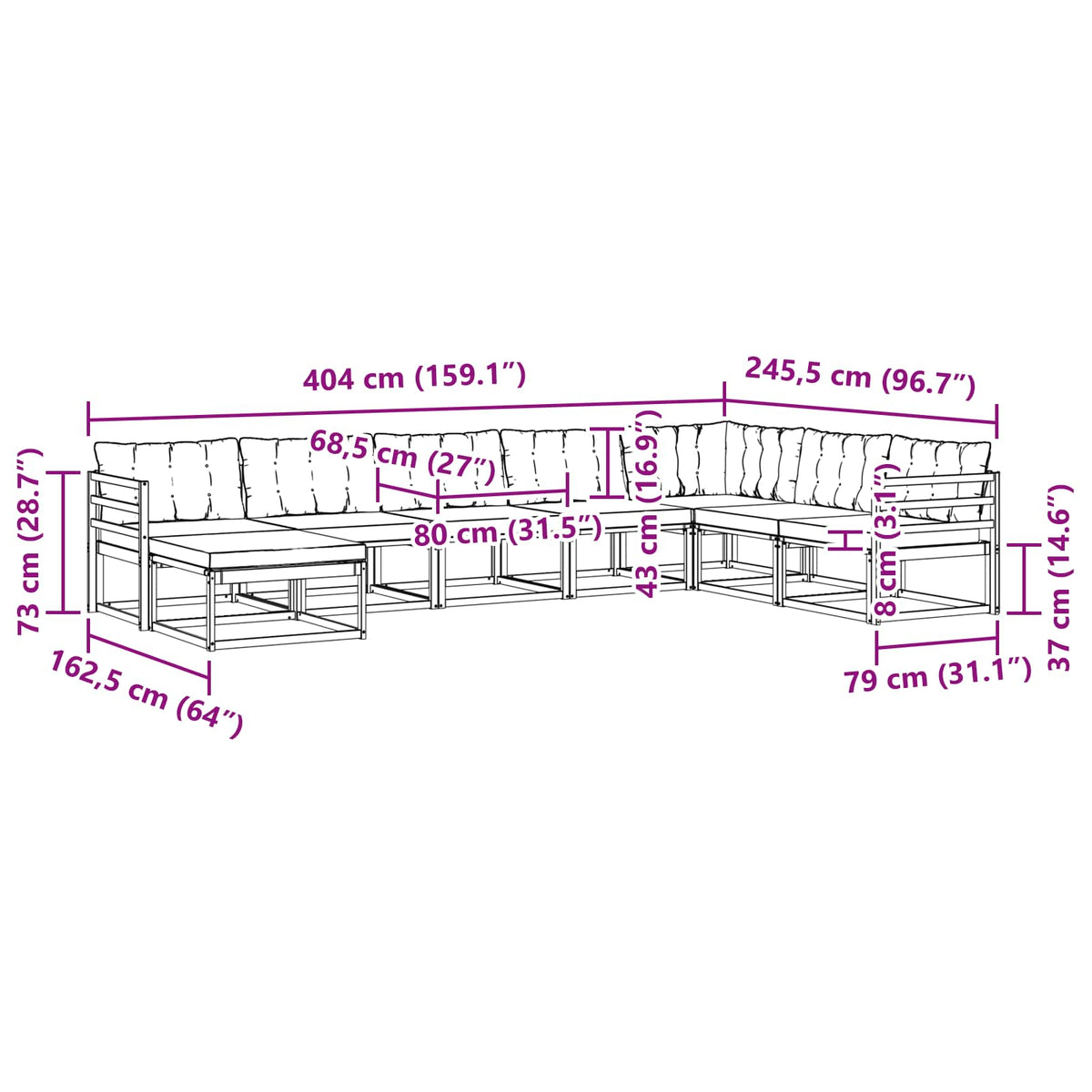 Set vanjskih sofa 8 kom. Bijela i svjetlosiva 404 x 245,5 x 73 cm