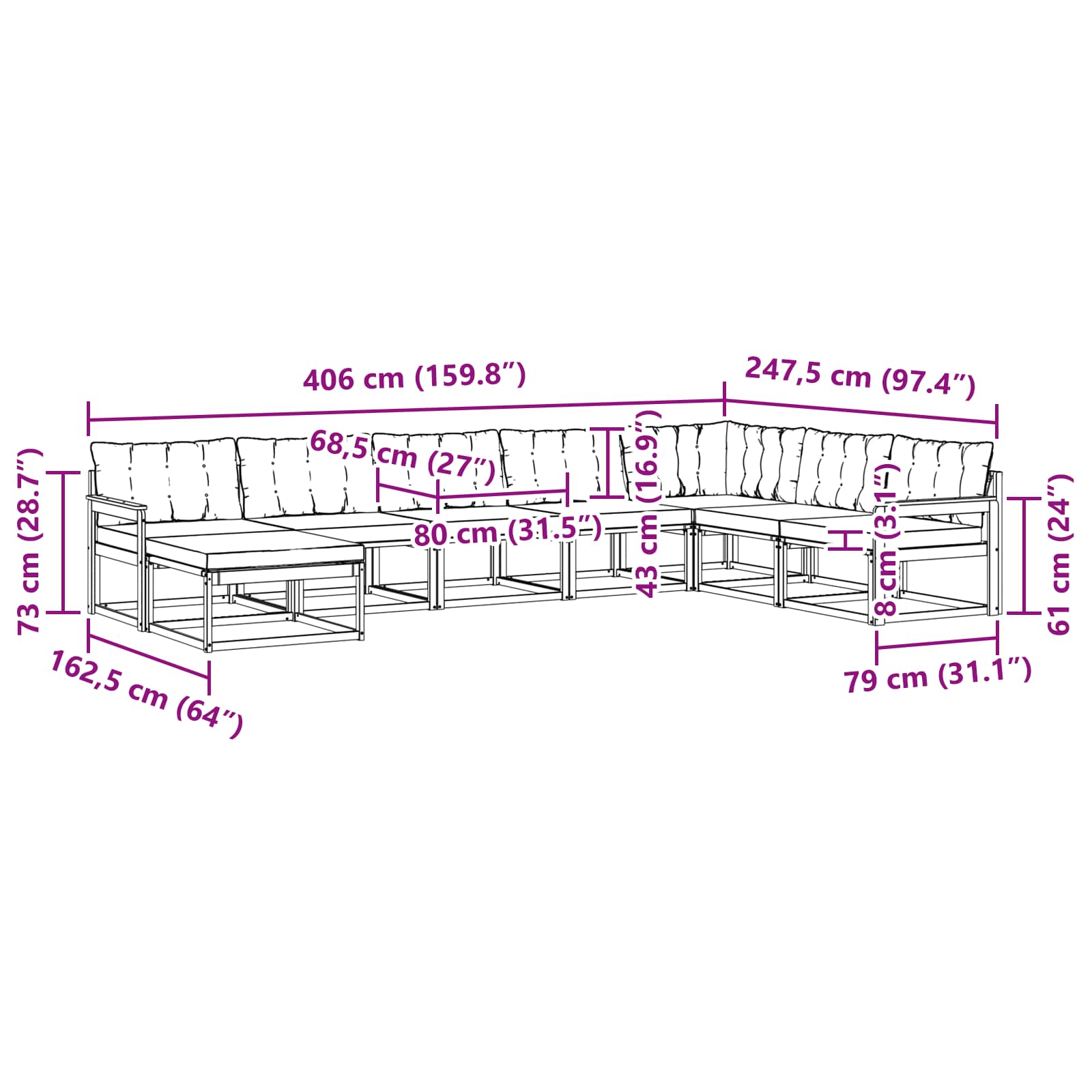 Set vanjskih sofa s jastukom 8 pcs Bijela i crna