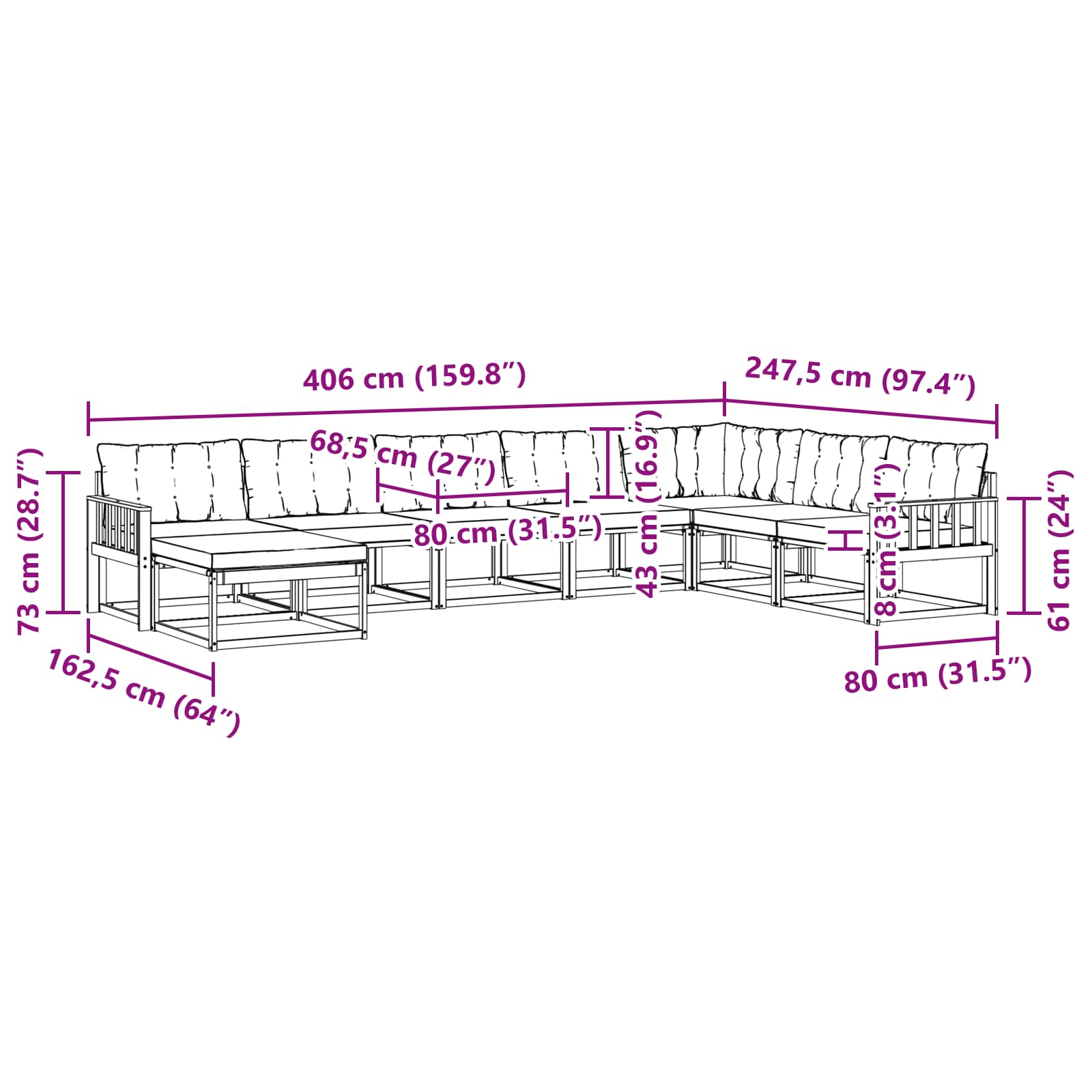 Set vanjskih sofa s jastukom 8 pcs Bijela i crna