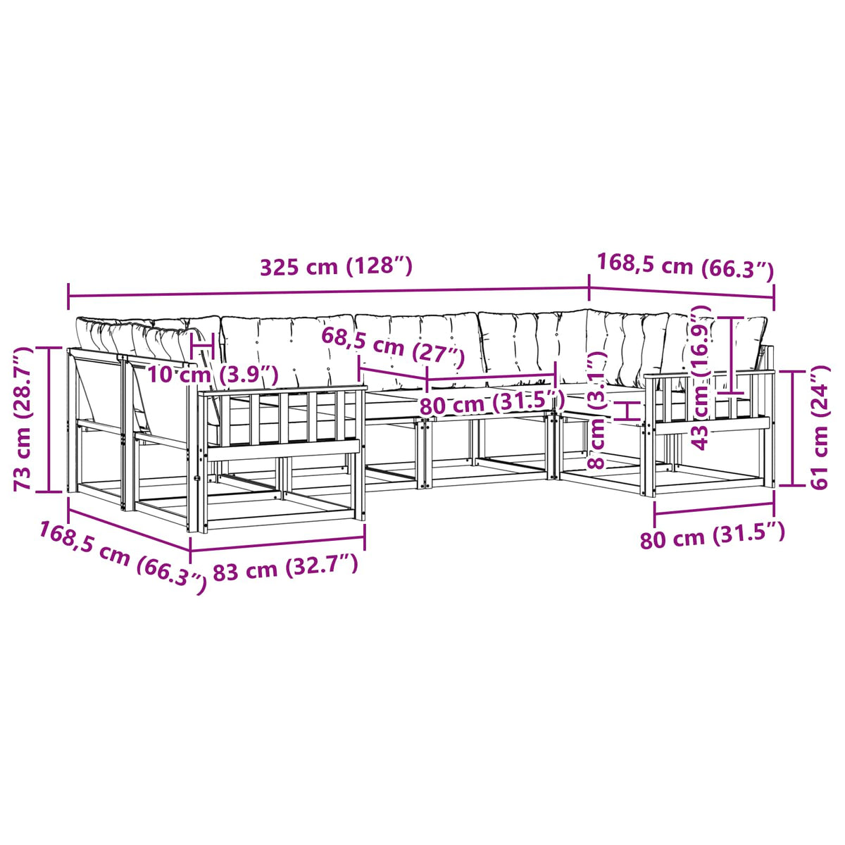 Set vanjskih sofa 6 kom. Bijela i svjetlosiva Smeđa 325 x 168,5 x 73 cm