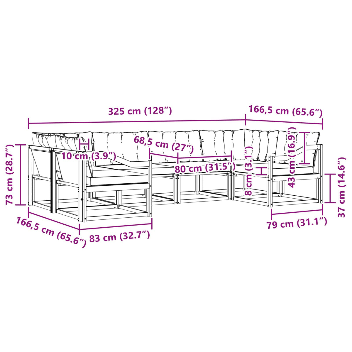 Set vanjskih sofa 6 kom. Bijela i svjetlosiva Smeđa 325 x 166,5 x 73 cm